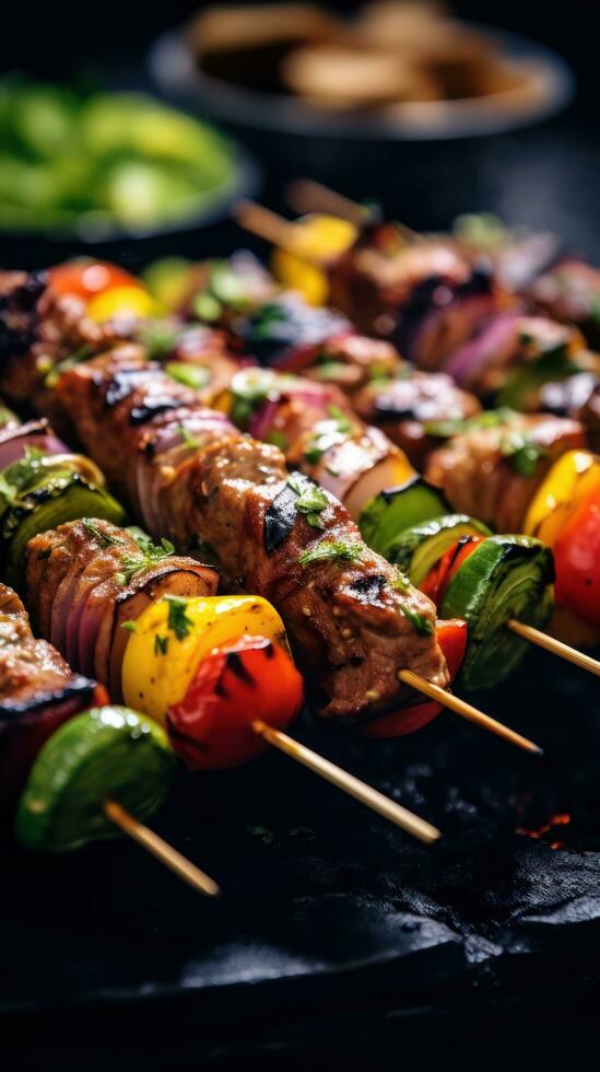 Skewers of meat and vegetables on a grill AI Generated photo