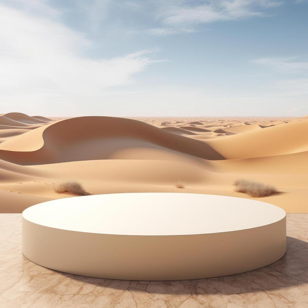 white circular podium in the middle of a desert landscape with sand dunes and a clear blue sky in the background photo