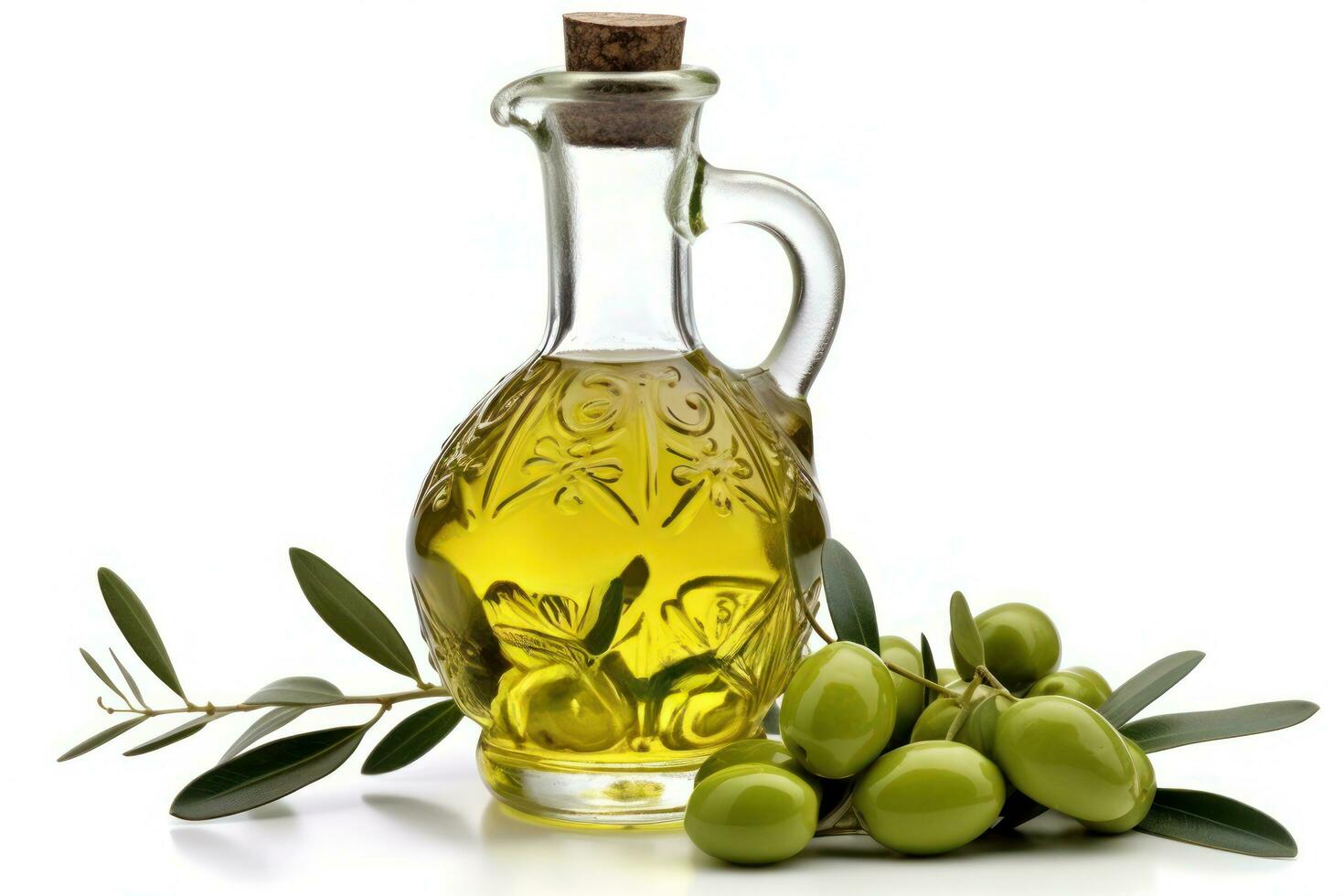 olive oil bottle with olives and branches on a white background AI Generated photo