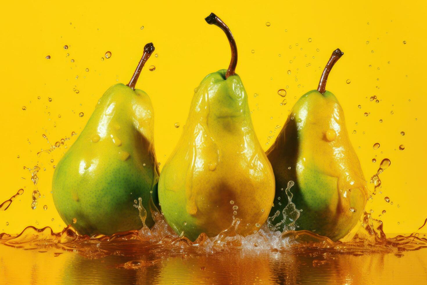 Three pears are splashed with water on an orange background AI Generated photo