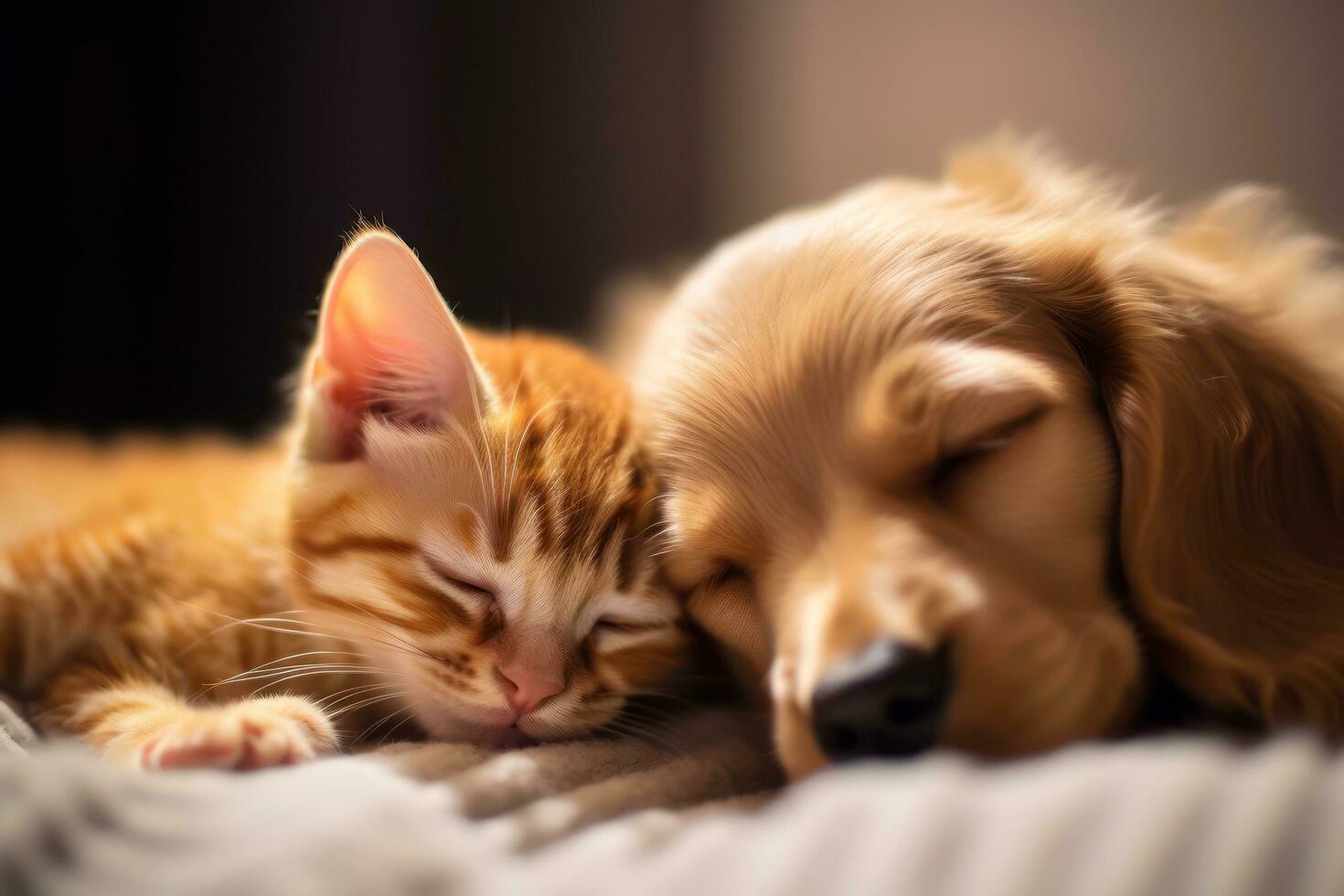 A cat and a dog sleeping on a bed AI Generated photo