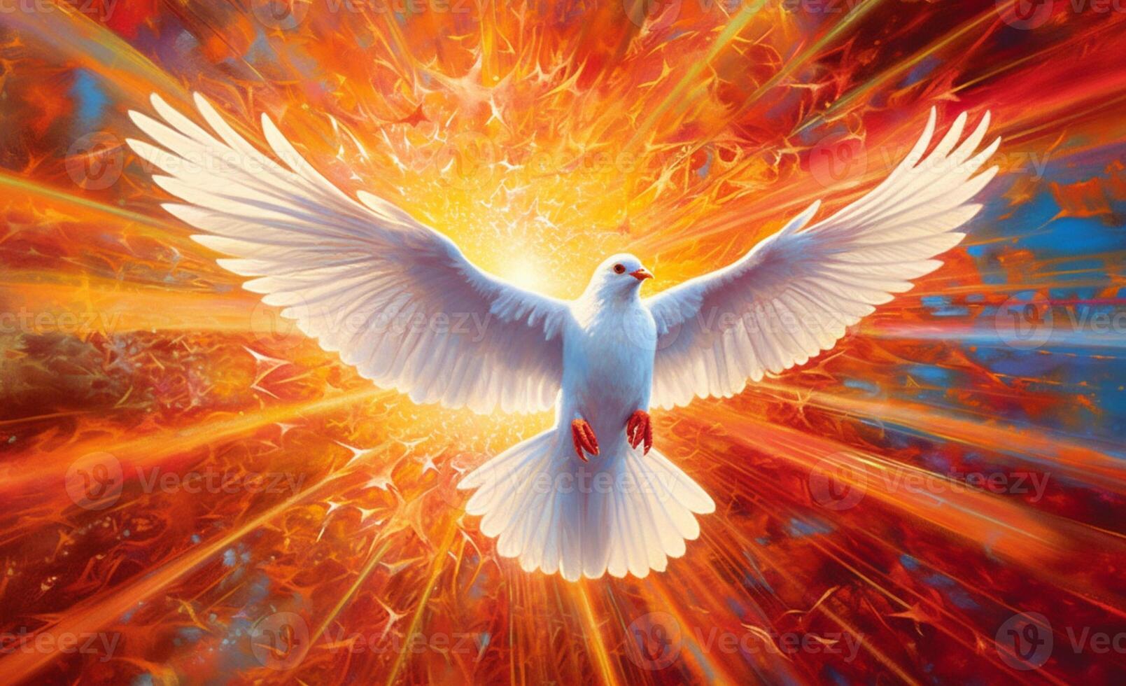 Dove of Divine Light - Depiction of the Holy Spirit as a Dove.The outpouring of the Holy Spirit and the dawn of golden light - symbols of Easter, the Eucharist and the dove. Generative AI, photo