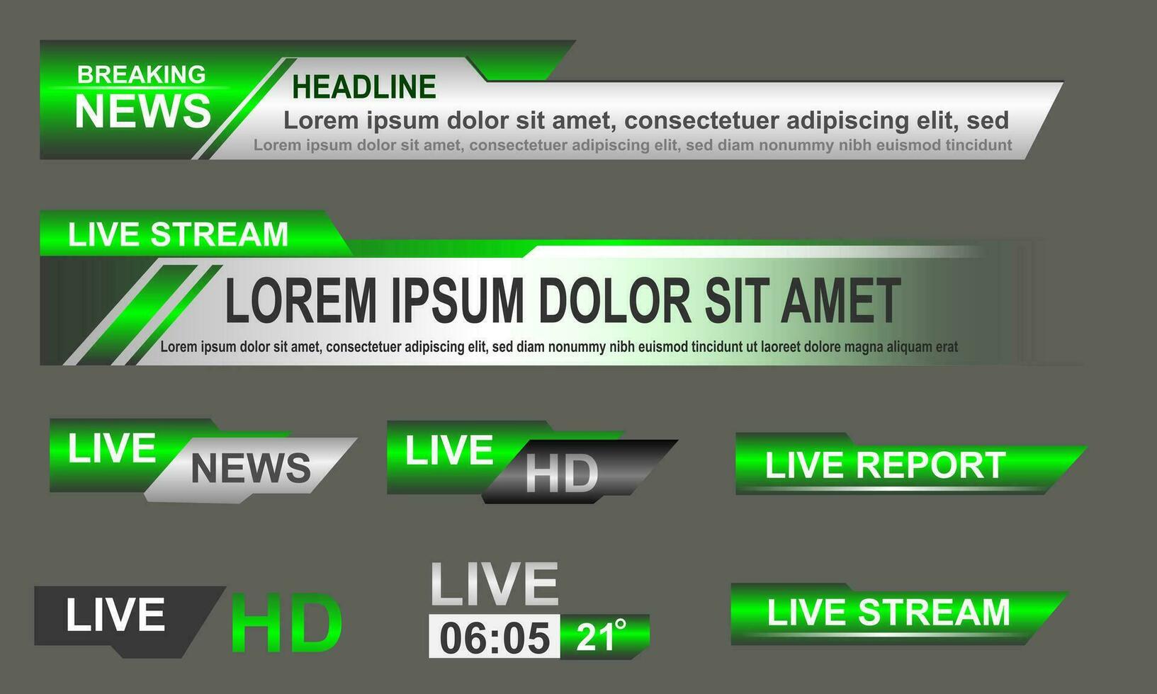 Broadcast News Lower Thirds Template layout green grey set collection design banner for bar Headline news title, sport game in Television, Video and Media Channel vector