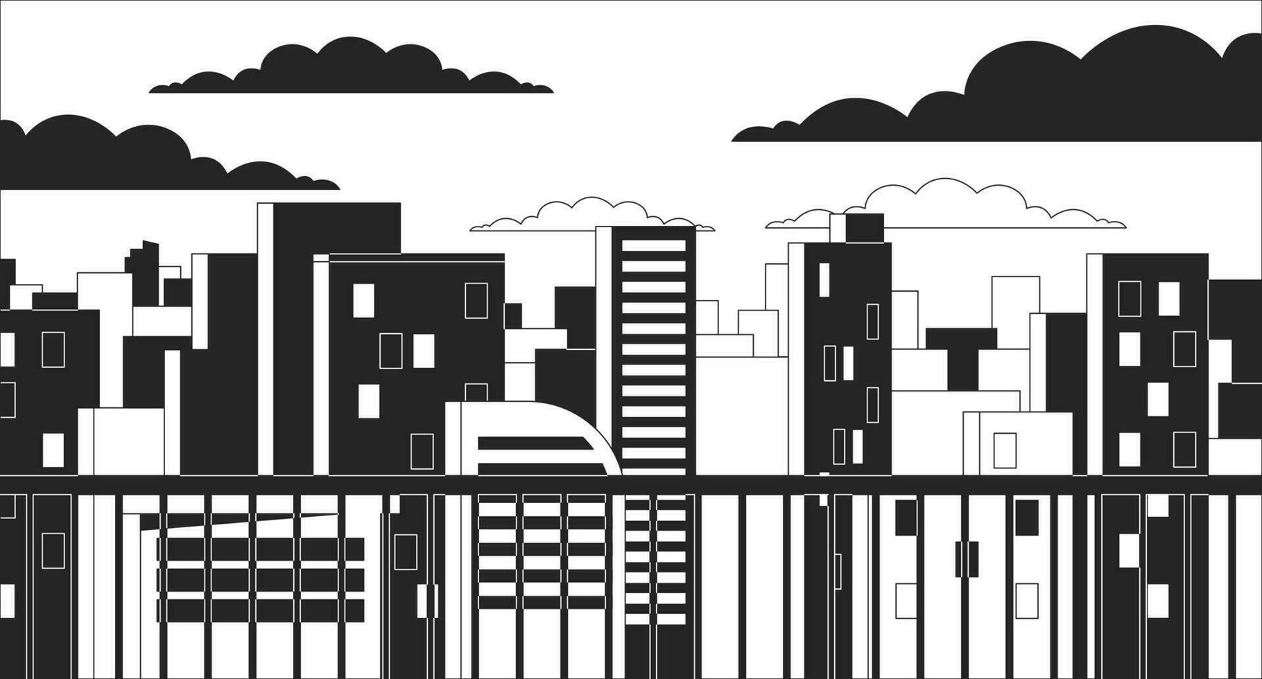 Observation desk black and white chill lo fi background. Open terrace. Buildings outline 2D vector cartoon cityscape illustration, monochromatic lofi wallpaper desktop. Bw 90s retro art