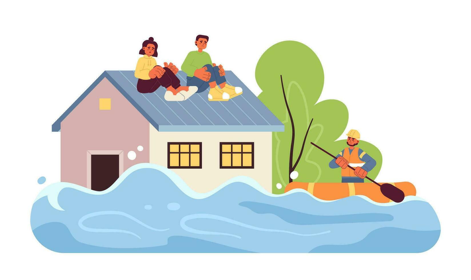 Flood flat concept vector spot illustration. People sitting on roof. Rescue mission. Flowing water 2D cartoon scene on white for web UI design. Natural disaster isolated editable creative image