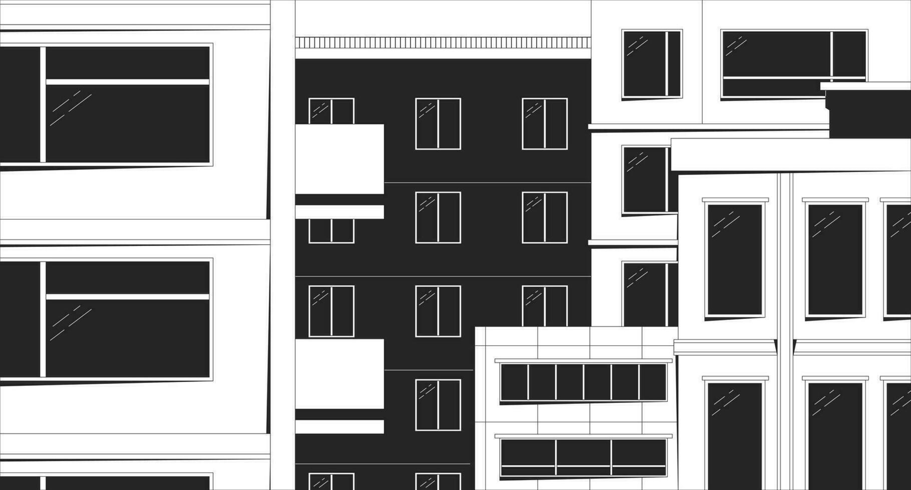 Night in old town black and white chill lo fi background. Residential buildings outline 2D vector cartoon cityscape illustration, monochromatic lofi wallpaper desktop. Bw 90s retro art