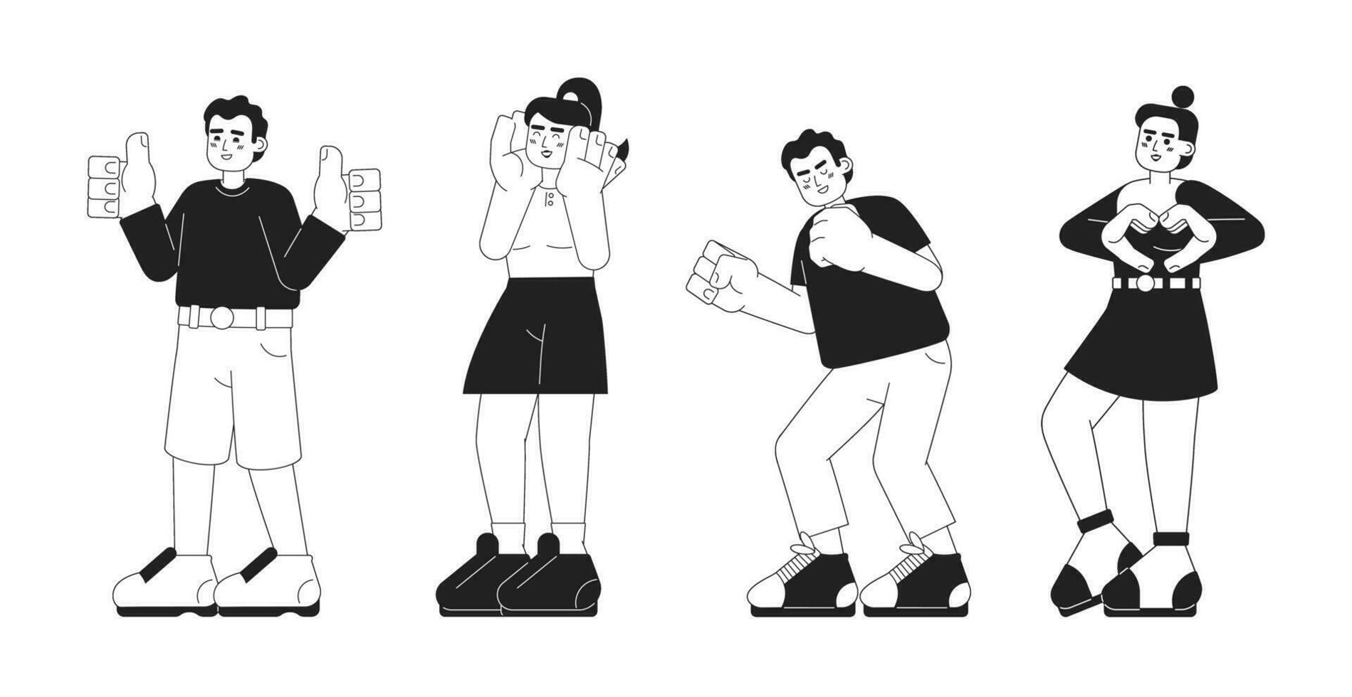 Overwhelmed with happiness people monochromatic flat vector characters set. Excited men, women. Editable thin line full body people on white. Simple bw cartoon spot images pack for web graphic design