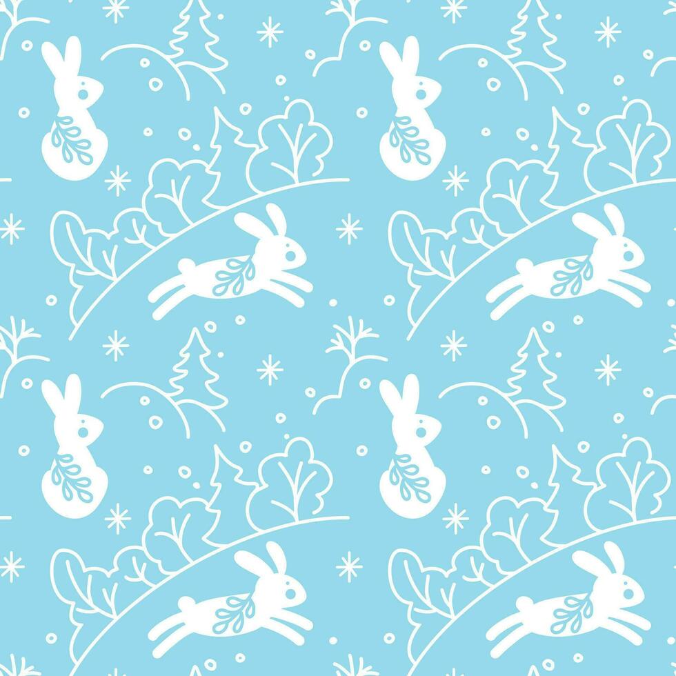 Babbit and winter landscape. Kids illustration on scandinavian style. Seamless pattern for fabric, wrapping, textile, wallpaper, apparel. Vector. vector