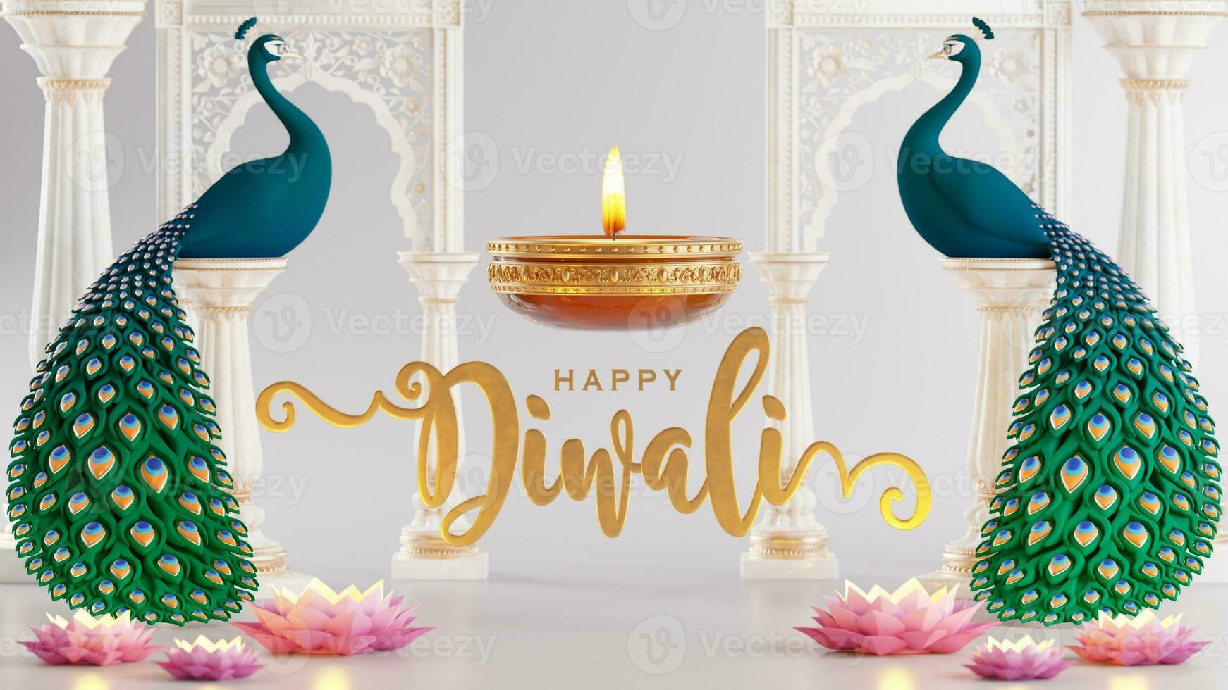 3D rendering for diwali festival Diwali, Deepavali or Dipavali the festival of lights india with gold diya on podium, patterned and crystals on color Background. photo