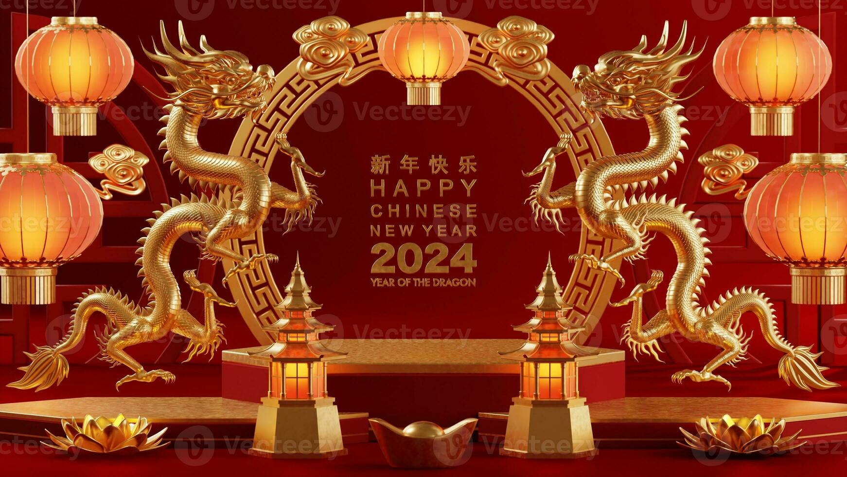 3d rendering illustration for happy chinese new year 2024 the dragon zodiac sign with flower, lantern, asian elements, red and gold on background. photo