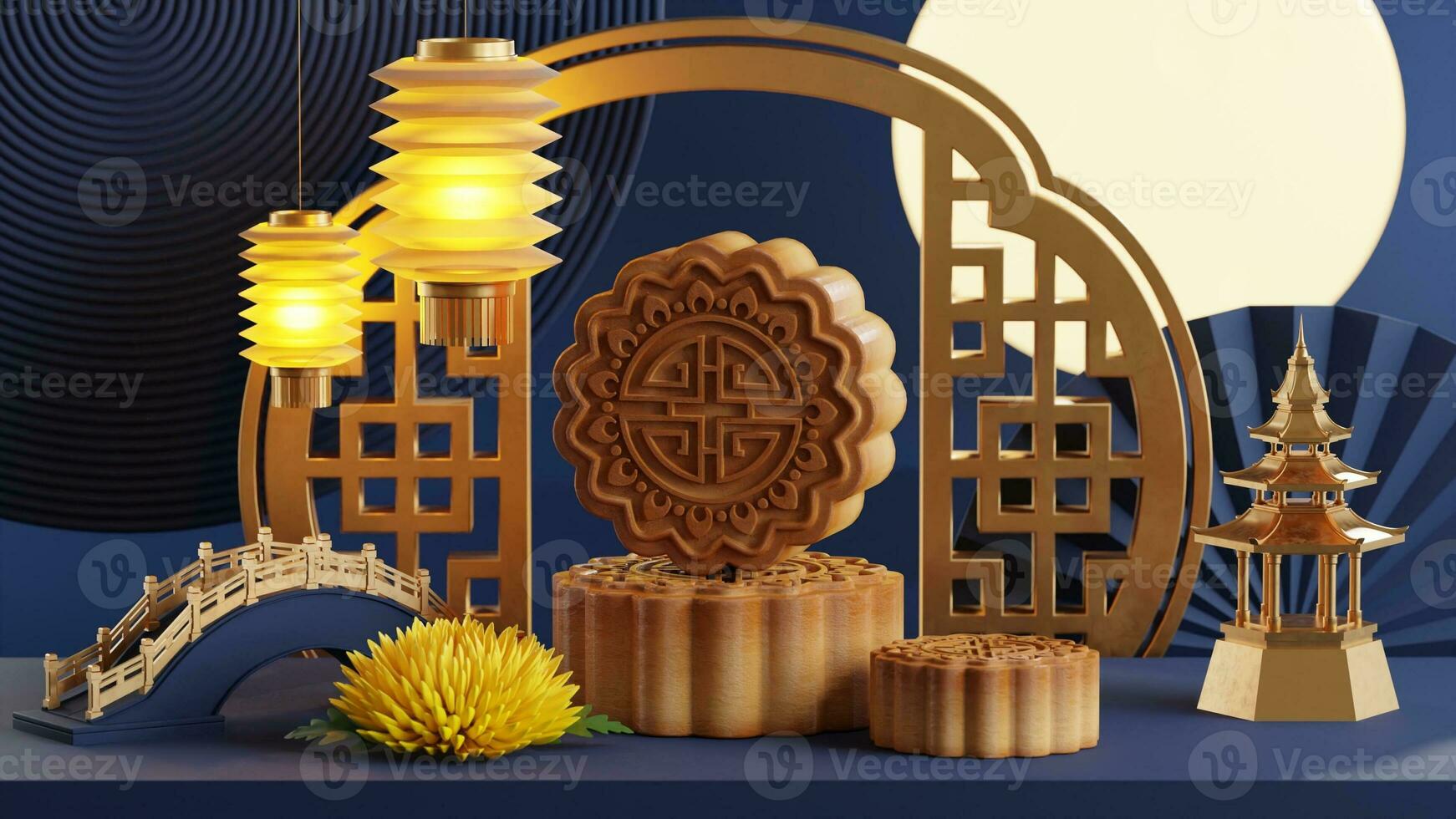 3D rendering for mid autumn festival holiday or chinese new year, chinese festivals with,lanterns, flower, moon, rabbit ,mooncake,tea pot and asian elements on background. photo