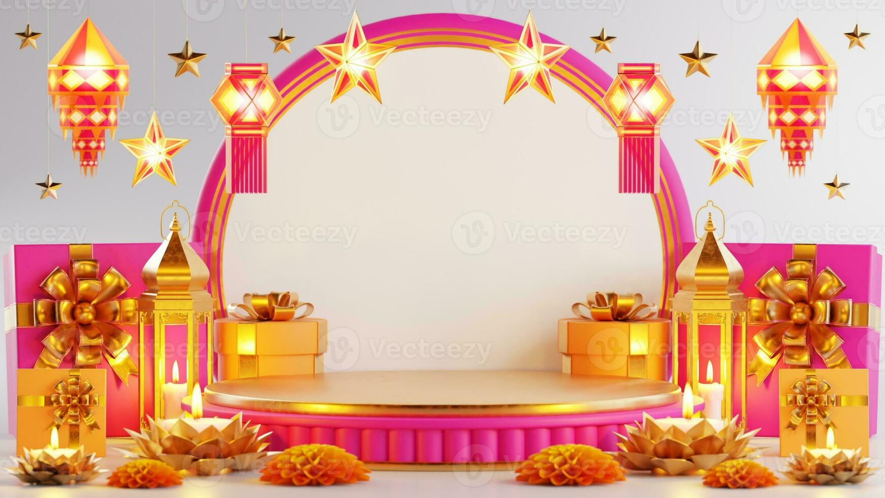 3D rendering podium for diwali festival, Deepavali or Diwali the festival of lights india with gold diya on podium, patterned and crystals on color Background. photo