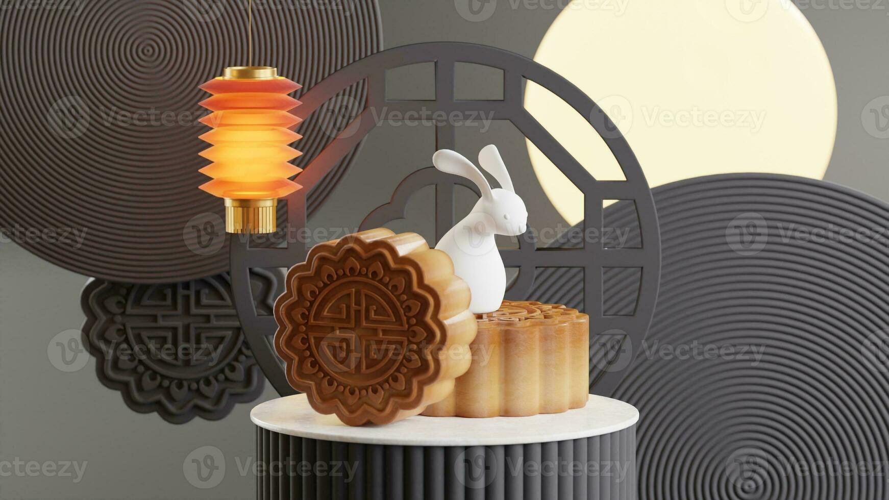 3D rendering for mid autumn festival holiday or chinese new year, chinese festivals with,lanterns, flower, moon, rabbit ,mooncake,tea pot and asian elements on background. photo