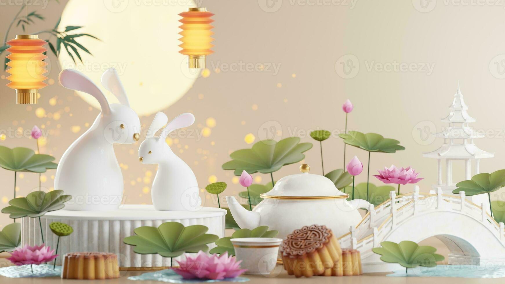 3D rendering for mid autumn festival holiday or chinese new year, chinese festivals with,lanterns, flower, moon, rabbit ,mooncake,tea pot and asian elements on background. photo