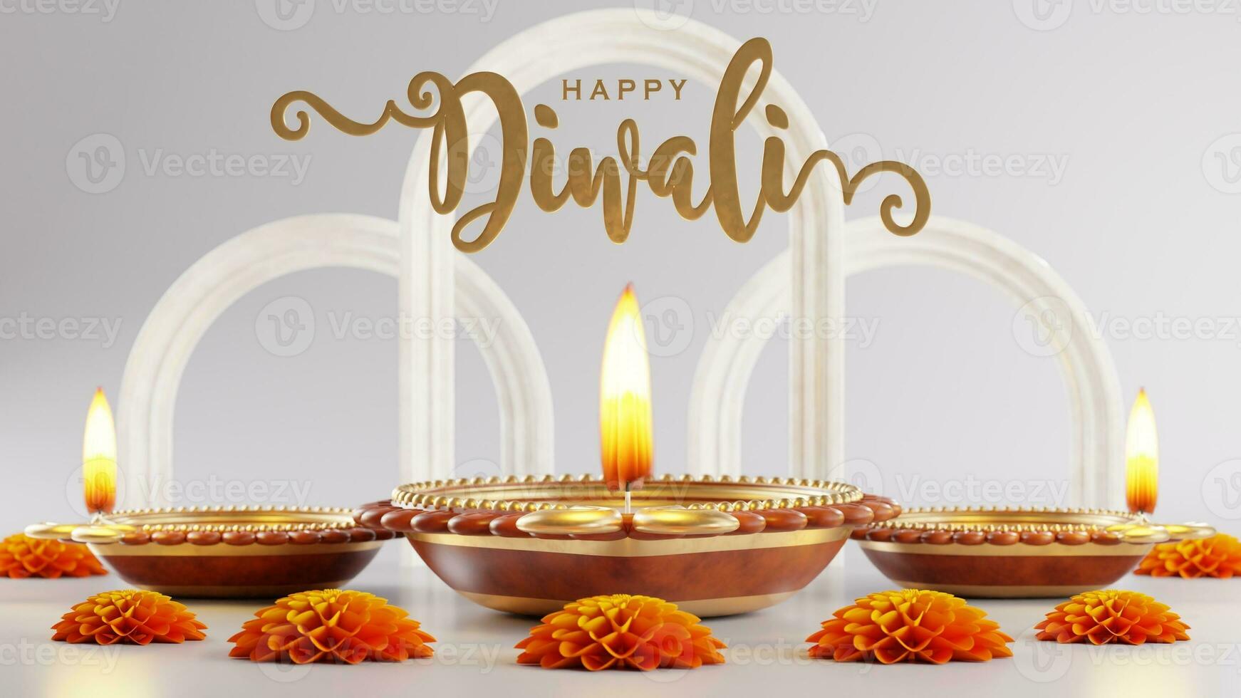 3D rendering for diwali festival Diwali, Deepavali or Dipavali the festival of lights india with gold diya on podium, patterned and crystals on color Background. photo