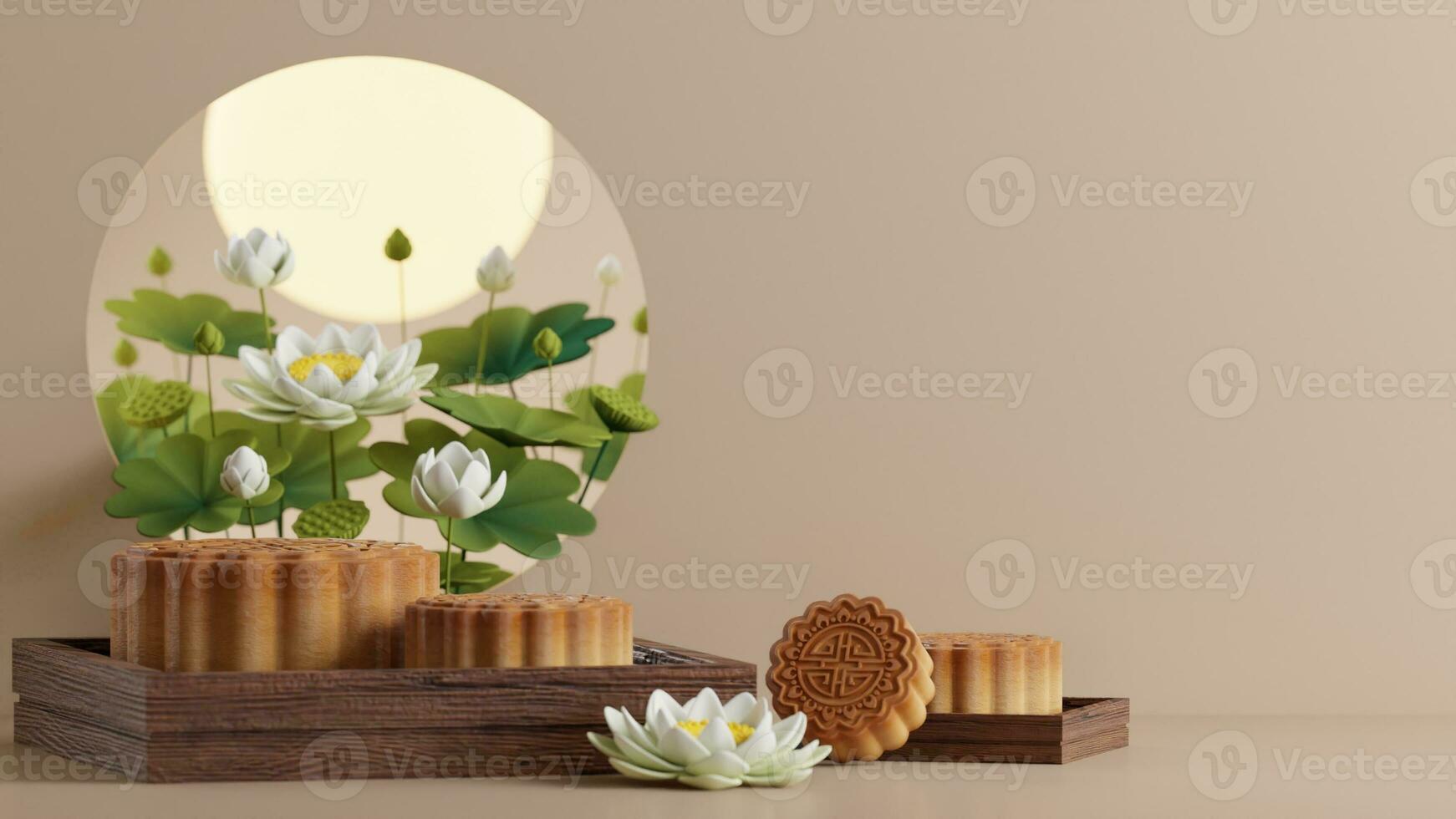 3D rendering for mid autumn festival holiday or chinese new year, chinese festivals with,lanterns, flower, moon, rabbit ,mooncake,tea pot and asian elements on background. photo