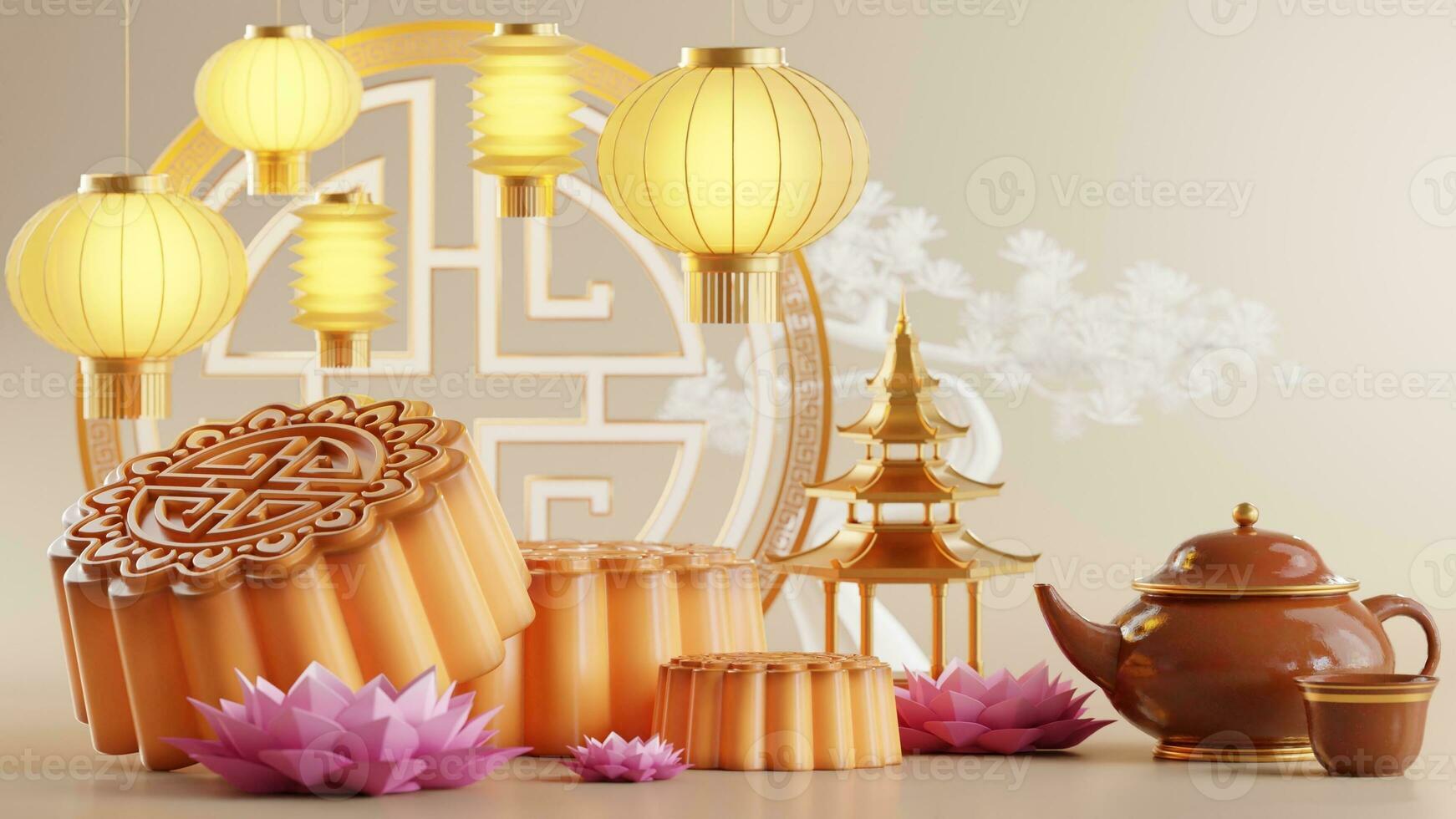 3D rendering for mid autumn festival holiday or chinese new year, chinese festivals with,lanterns, flower, moon, rabbit ,mooncake,tea pot and asian elements on background. photo