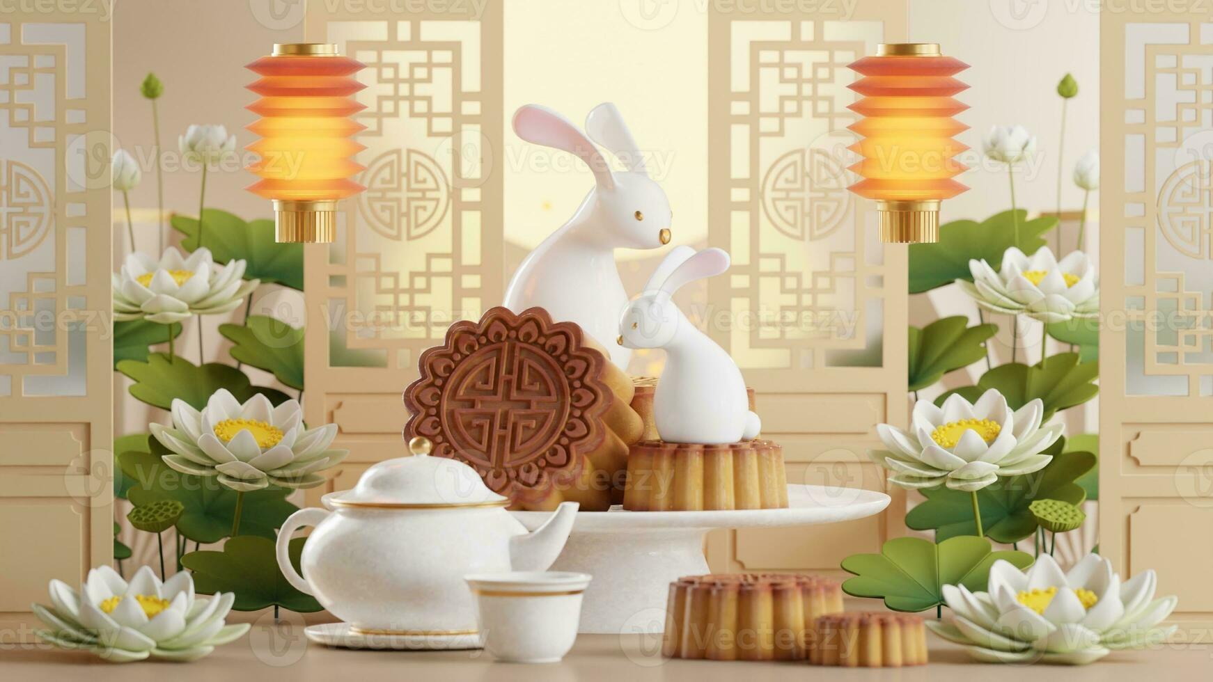 3D rendering for mid autumn festival holiday or chinese new year, chinese festivals with,lanterns, flower, moon, rabbit ,mooncake,tea pot and asian elements on background. photo