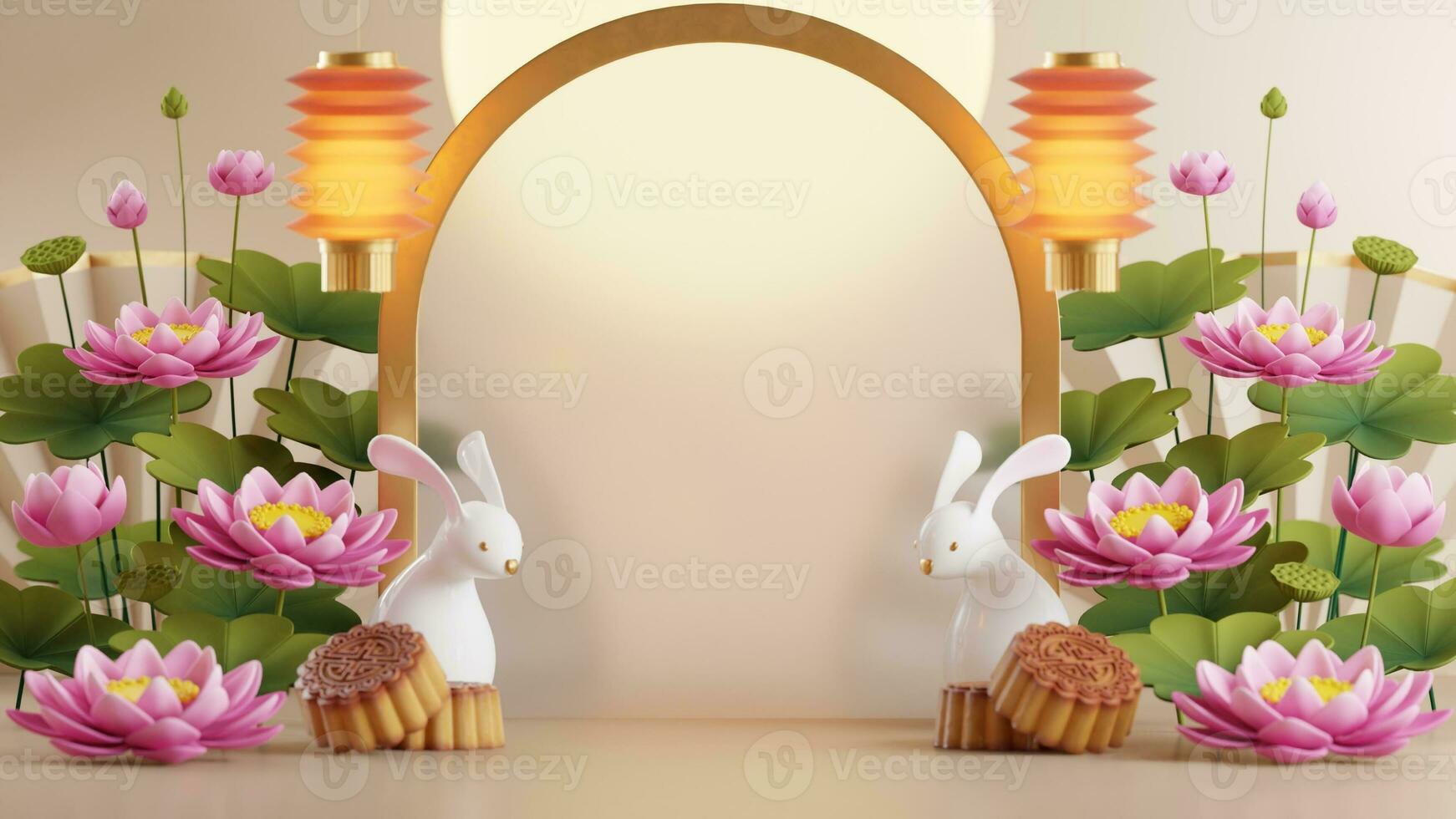 3D rendering for mid autumn festival holiday or chinese new year, chinese festivals with,lanterns, flower, moon, rabbit ,mooncake,tea pot and asian elements on background. photo