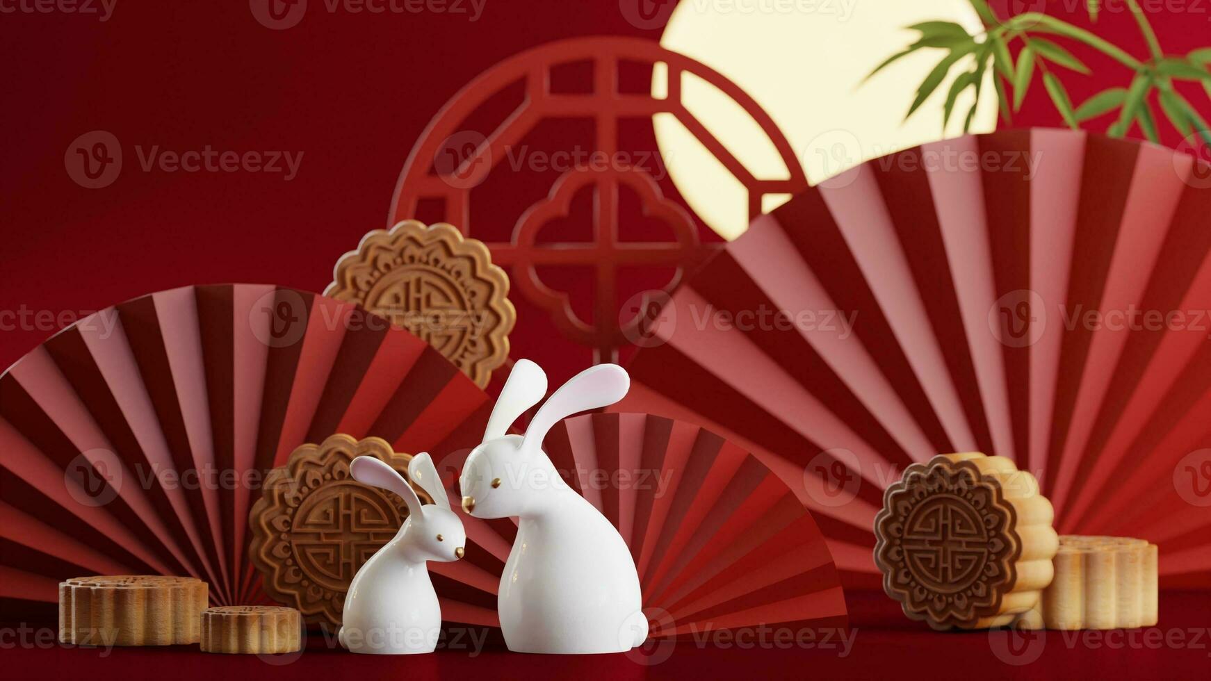 3D rendering for mid autumn festival holiday or chinese new year, chinese festivals with,lanterns, flower, moon, rabbit ,mooncake,tea pot and asian elements on background. photo