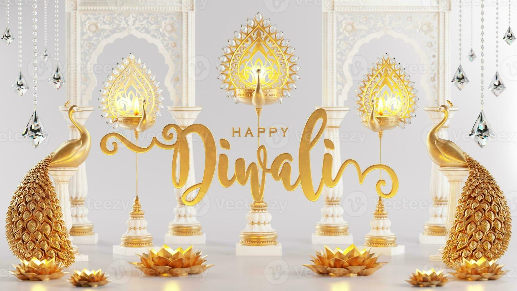 3D rendering for diwali festival Diwali, Deepavali or Dipavali the festival of lights india with gold diya on podium, patterned and crystals on color Background. photo