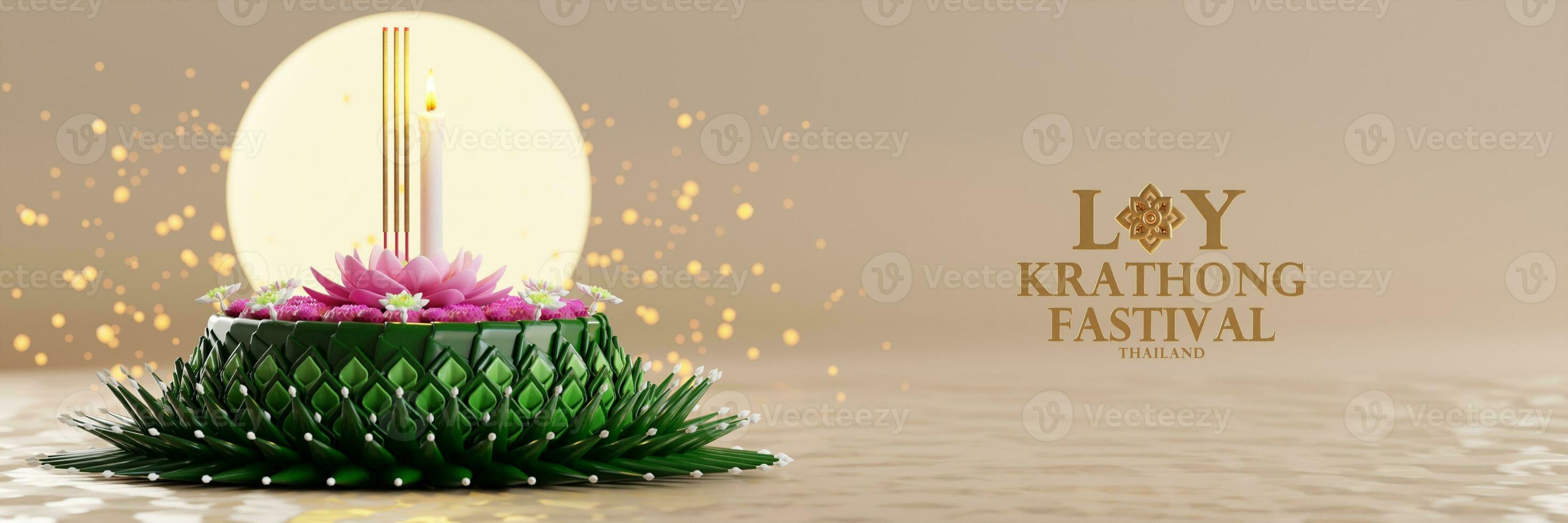 3d rendering illustration Loy Krathong festival  and Yi Peng festival in thailand  krathong from banana leaves, flowers, candles and incense sticks, fullmoon, river, and night background color. photo