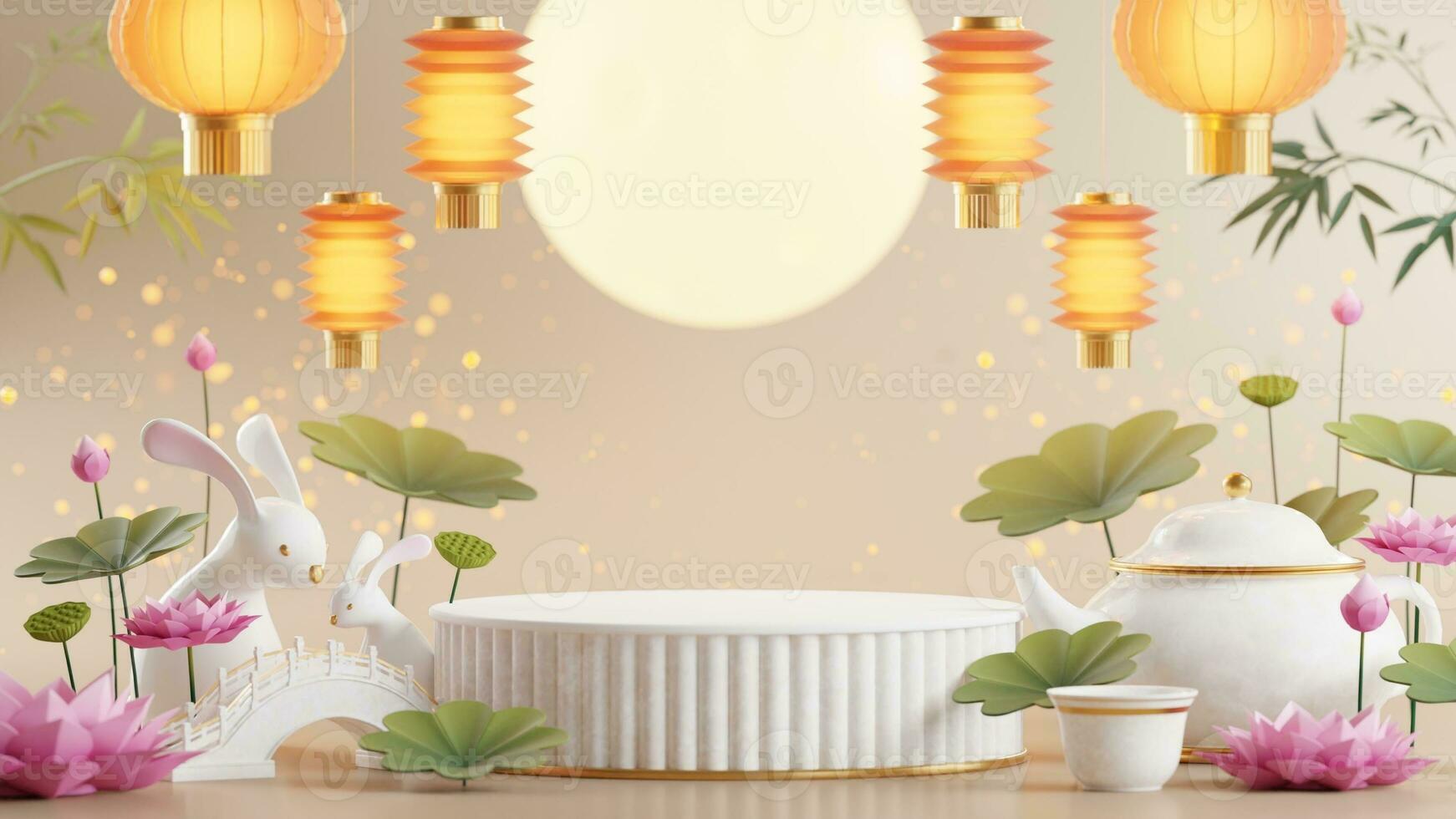 3D rendering podium for mid autumn festival holiday or chinese new year, chinese festivals with,lanterns, flower, moon, rabbit ,mooncake,tea pot and asian elements on background. photo