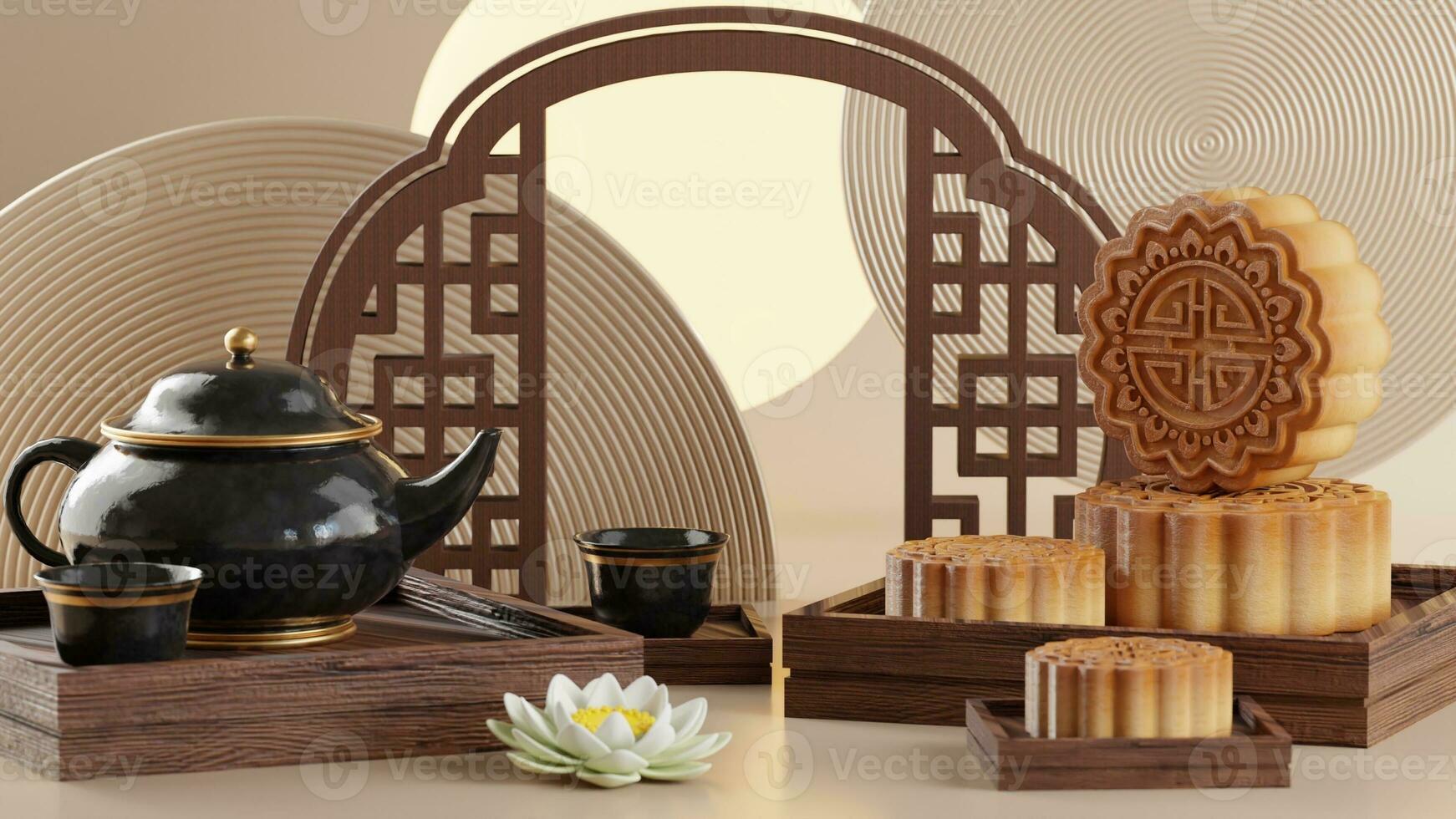 3D rendering for mid autumn festival holiday or chinese new year, chinese festivals with,lanterns, flower, moon, rabbit ,mooncake,tea pot and asian elements on background. photo