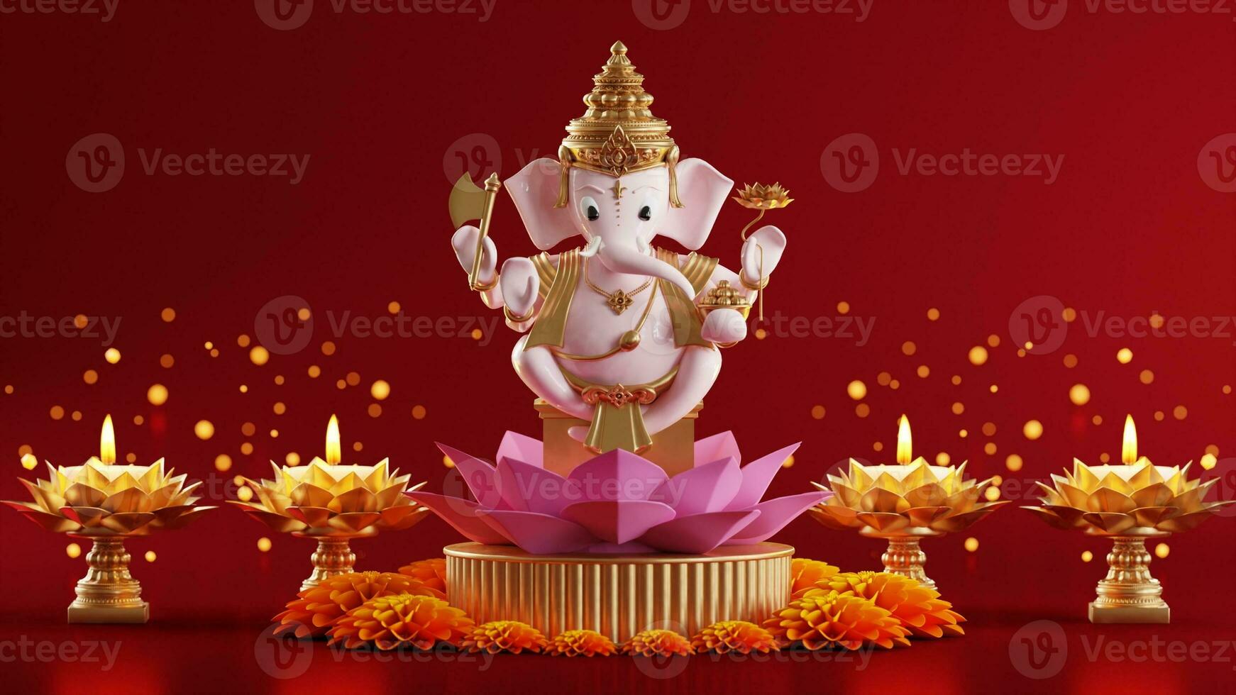 3D rendering for diwali festival Diwali, Deepavali or Dipavali the festival of lights india with gold diya on podium, patterned and crystals on color Background. photo