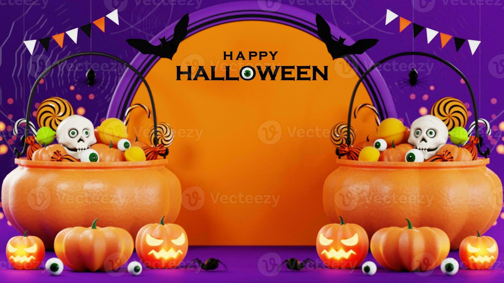 3d rendering illustration design for halloween banner with pumpkin,crucifix, skull, candle, candy, givebox ,grave on background. photo