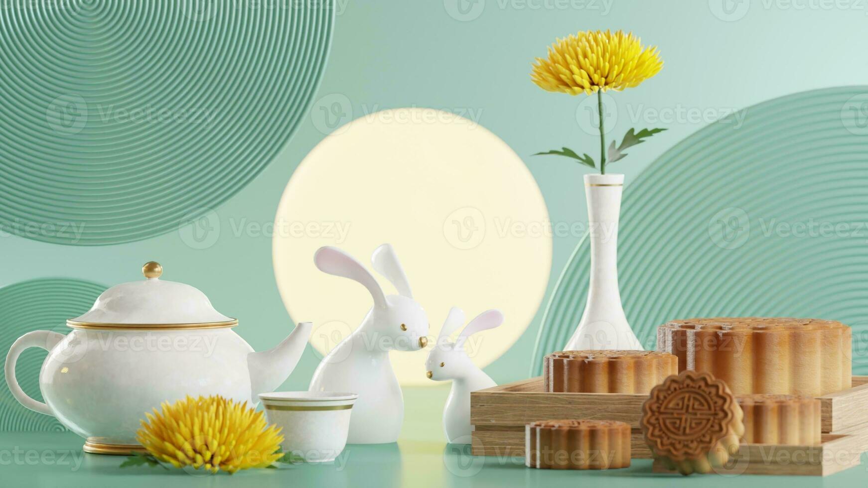 3D rendering for mid autumn festival holiday or chinese new year, chinese festivals with,lanterns, flower, moon, rabbit ,mooncake,tea pot and asian elements on background. photo