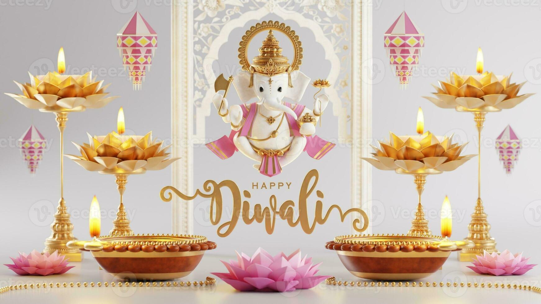 3D rendering for diwali festival Diwali, Deepavali or Dipavali the festival of lights india with gold diya on podium, patterned and crystals on color Background. photo