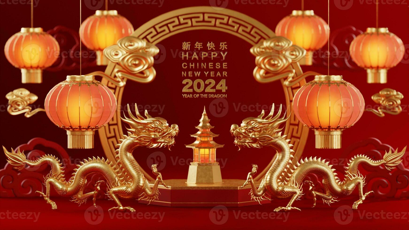 3d rendering illustration for happy chinese new year 2024 the dragon zodiac sign with flower, lantern, asian elements, red and gold on background. photo