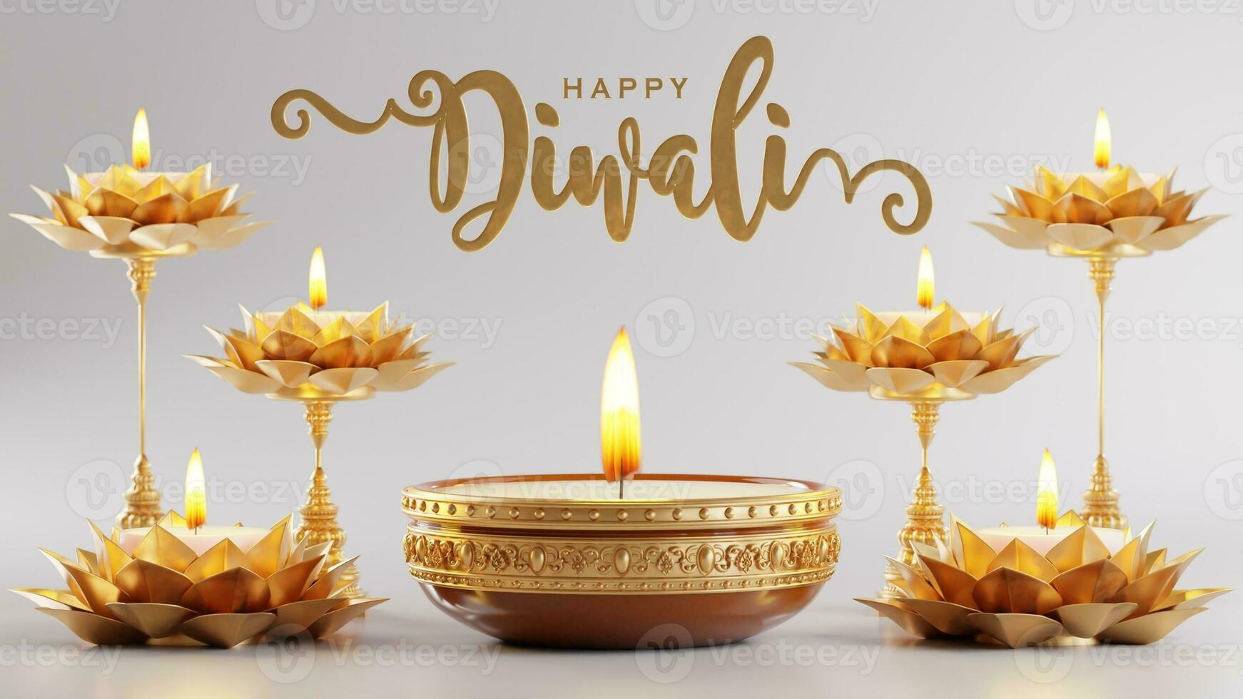 3D rendering for diwali festival Diwali, Deepavali or Dipavali the festival of lights india with gold diya on podium, patterned and crystals on color Background. photo