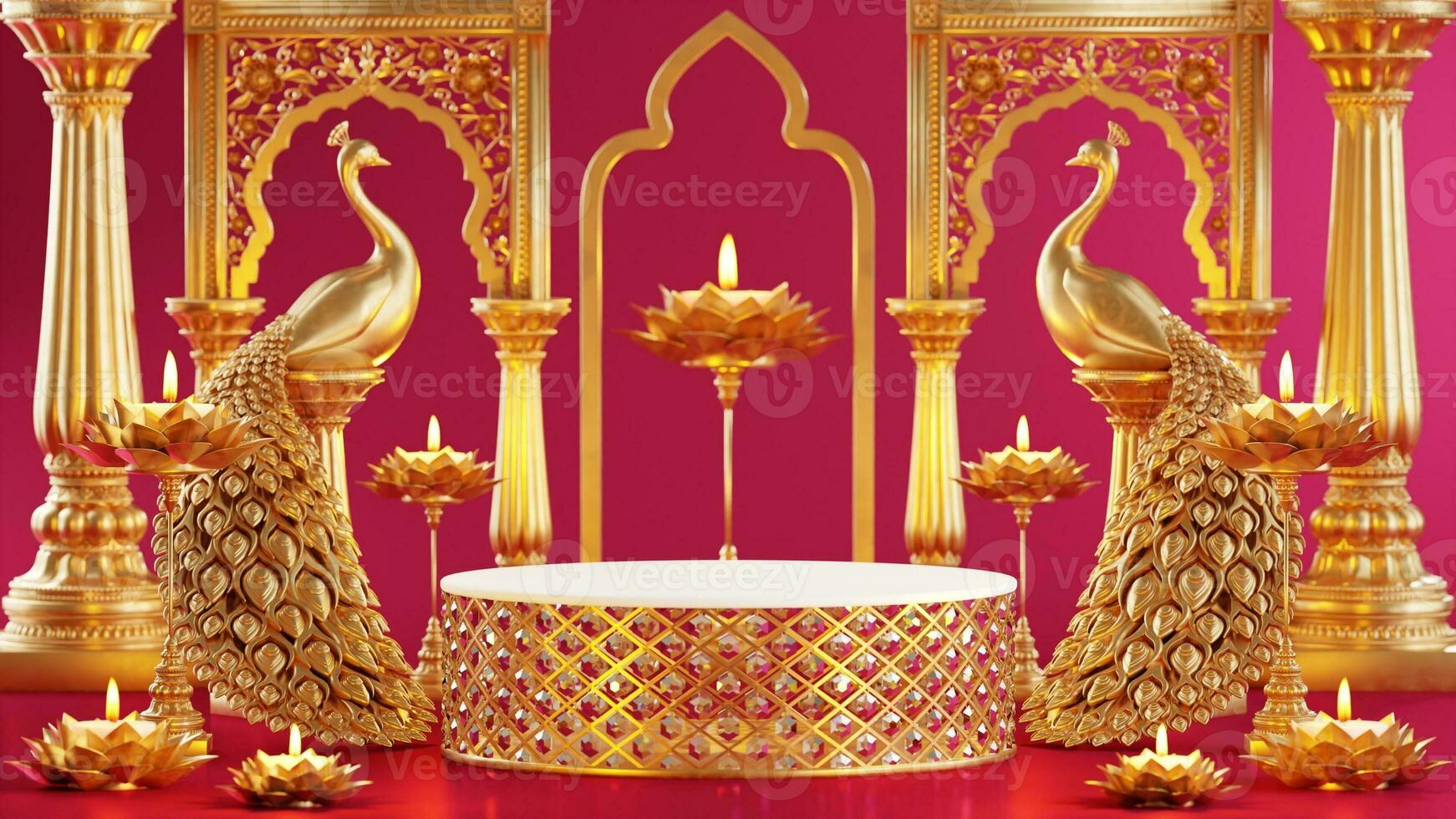 3D rendering podium for diwali festival, Deepavali or Diwali the festival of lights india with gold diya on podium, patterned and crystals on color Background. photo