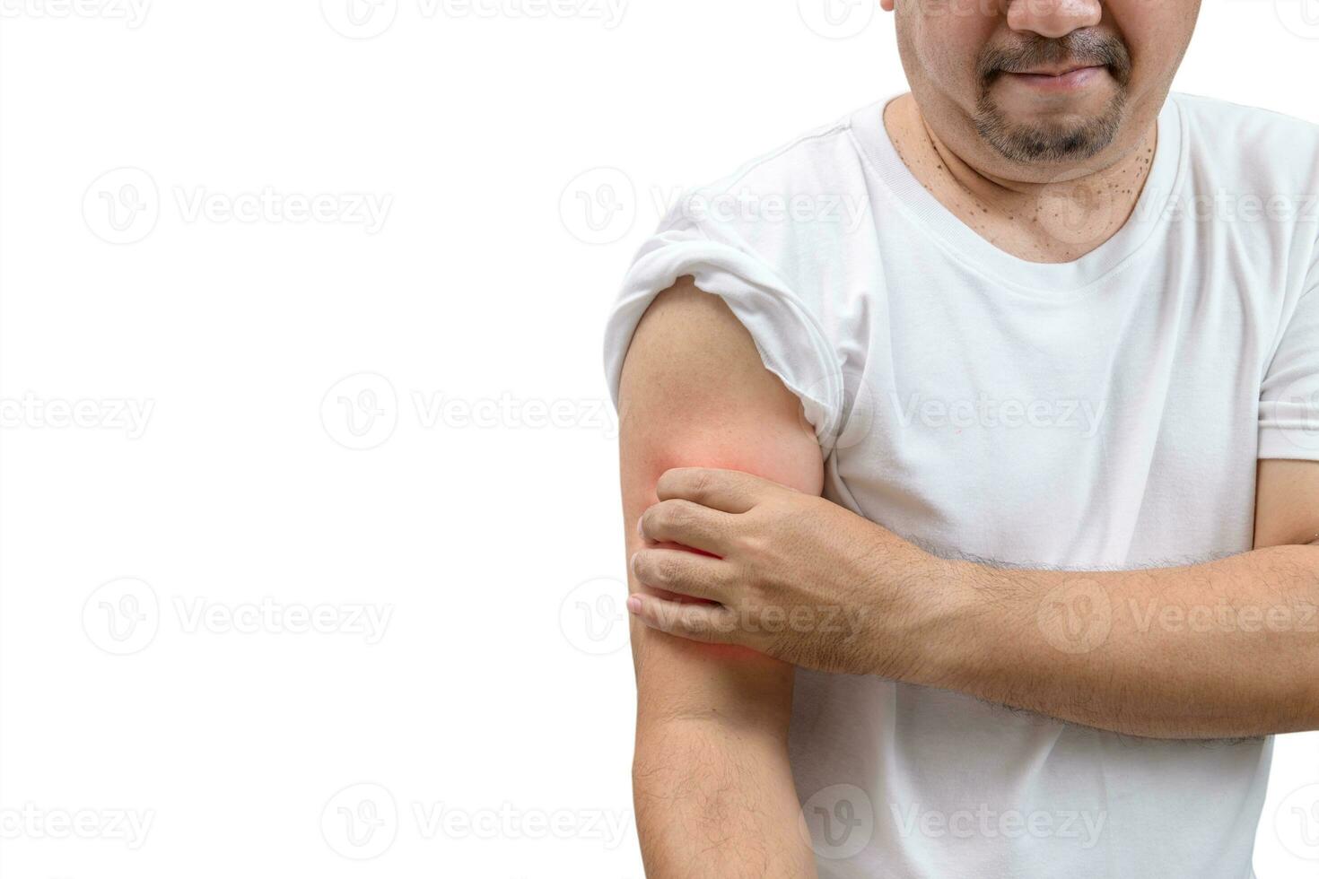 Man with pain in shoulder. Pain in the human body on white background photo