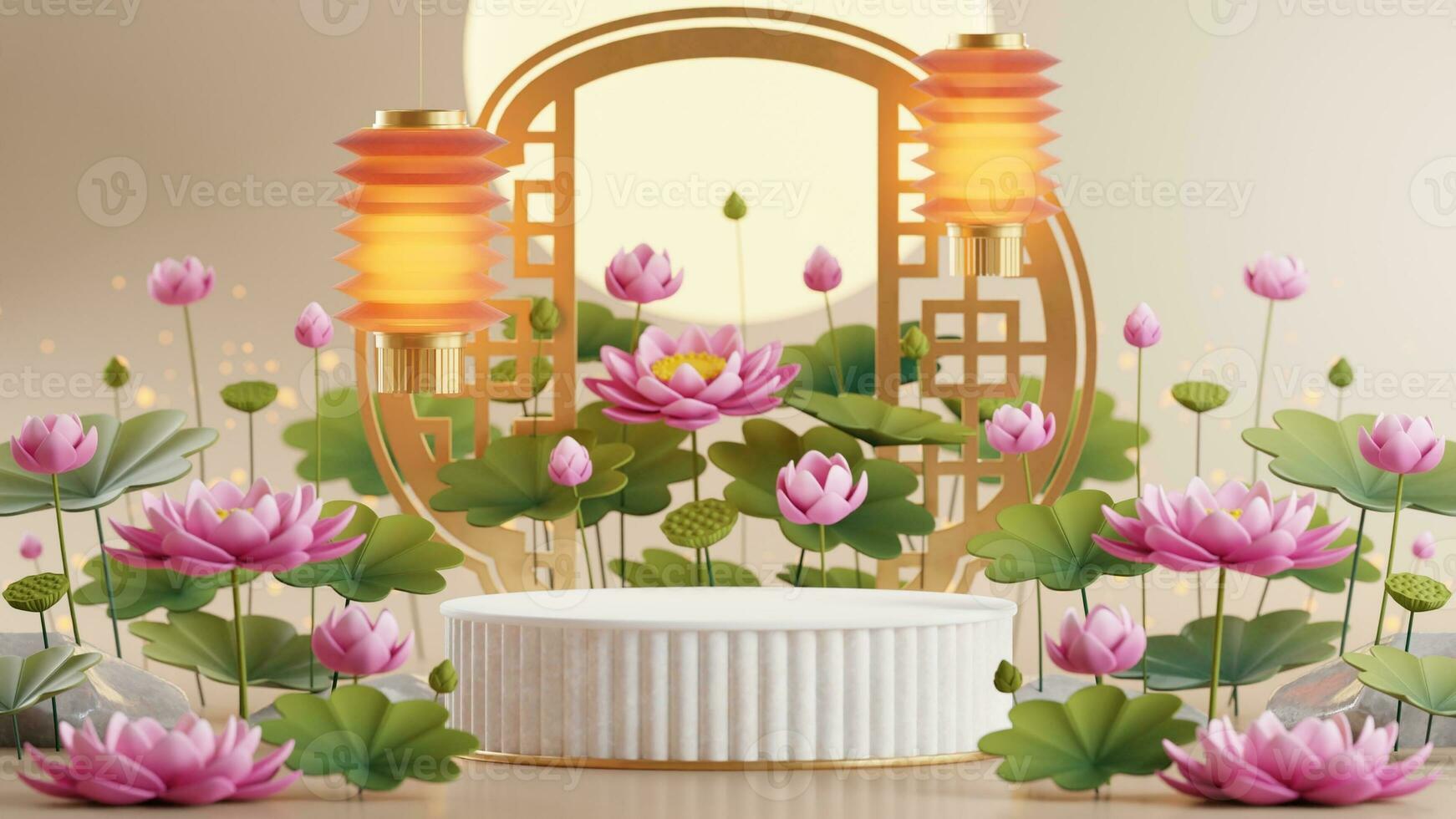 3D rendering podium for mid autumn festival holiday or chinese new year, chinese festivals with,lanterns, flower, moon, rabbit ,mooncake,tea pot and asian elements on background. photo