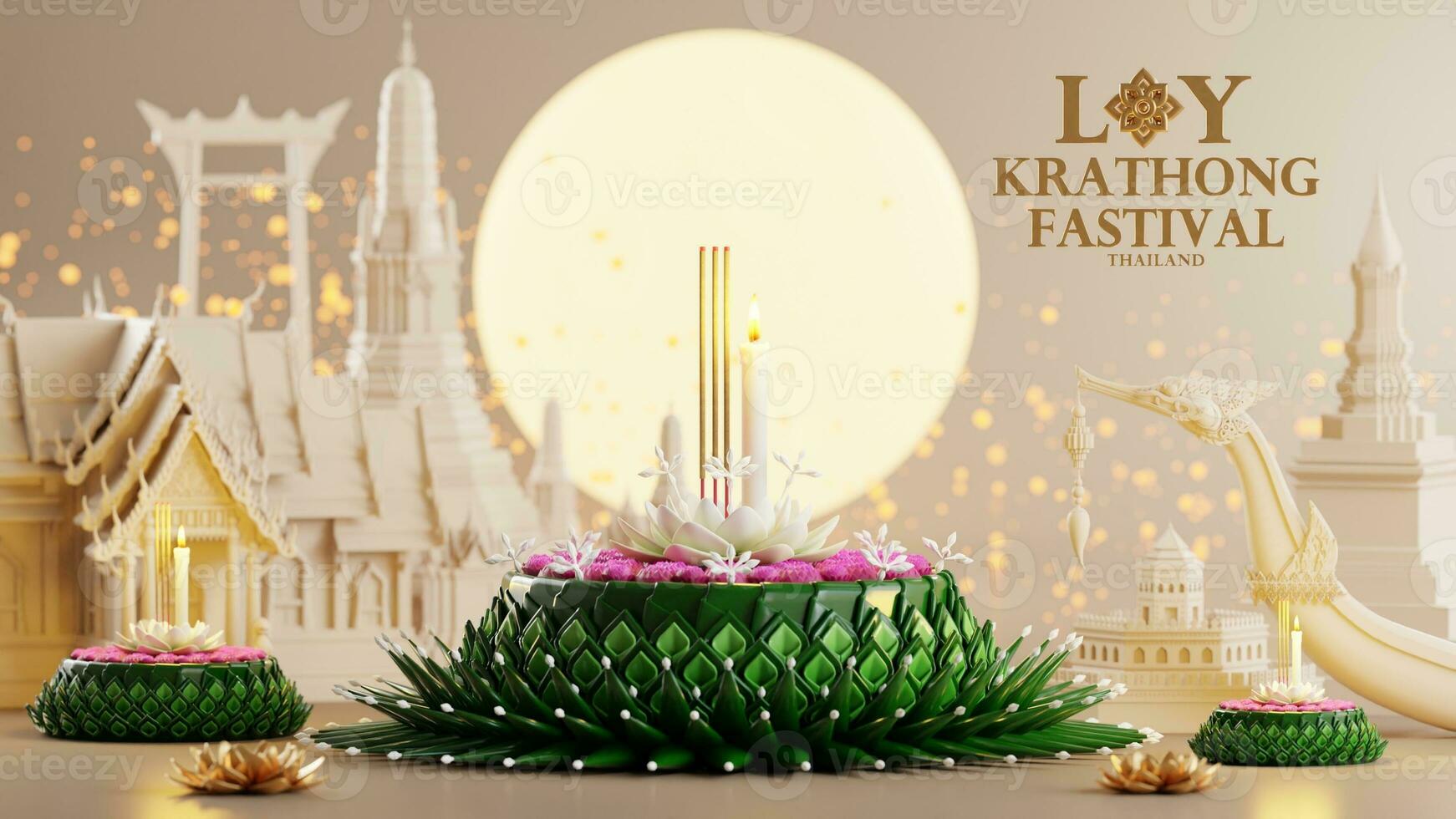 3d rendering illustration Loy Krathong festival  and Yi Peng festival in thailand  krathong from banana leaves, flowers, candles and incense sticks, fullmoon, river, and night background color. photo