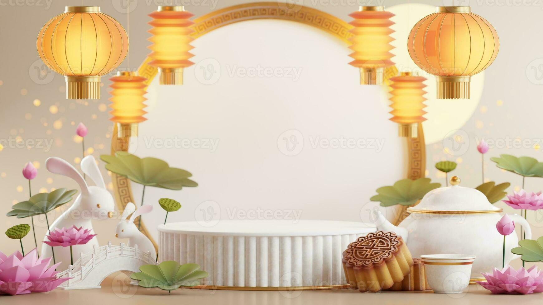 3D rendering podium for mid autumn festival holiday or chinese new year, chinese festivals with,lanterns, flower, moon, rabbit ,mooncake,tea pot and asian elements on background. photo