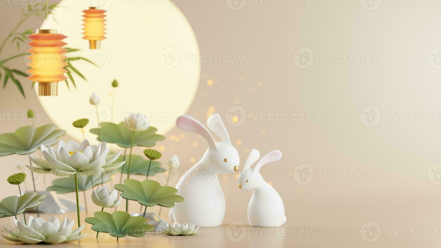 3D rendering for mid autumn festival holiday or chinese new year, chinese festivals with,lanterns, flower, moon, rabbit ,mooncake,tea pot and asian elements on background. photo