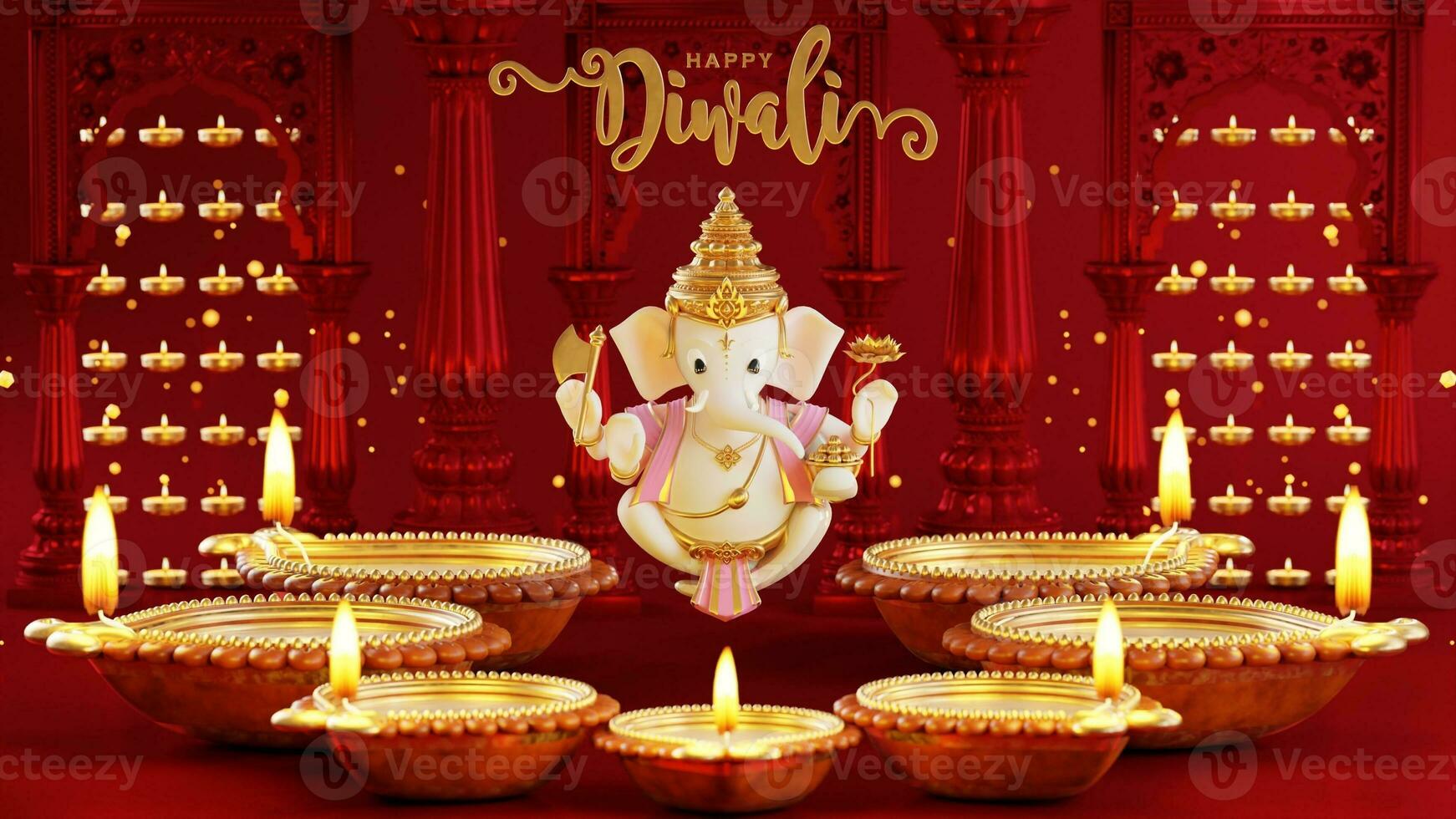 3D rendering for diwali festival Diwali, Deepavali or Dipavali the festival of lights india with gold diya on podium, patterned and crystals on color Background. photo