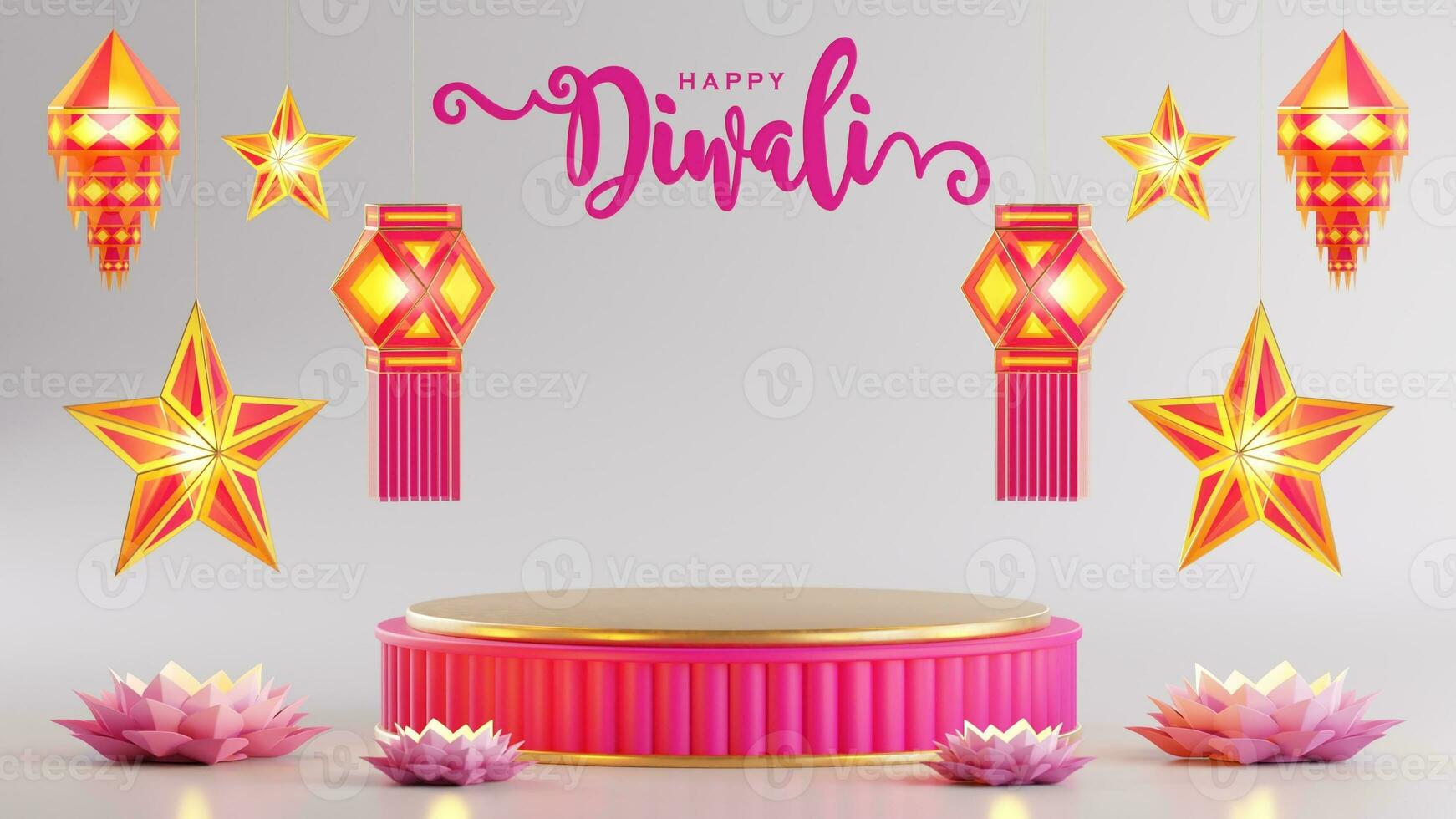 3D rendering podium for diwali festival, Deepavali or Diwali the festival of lights india with gold diya on podium, patterned and crystals on color Background. photo