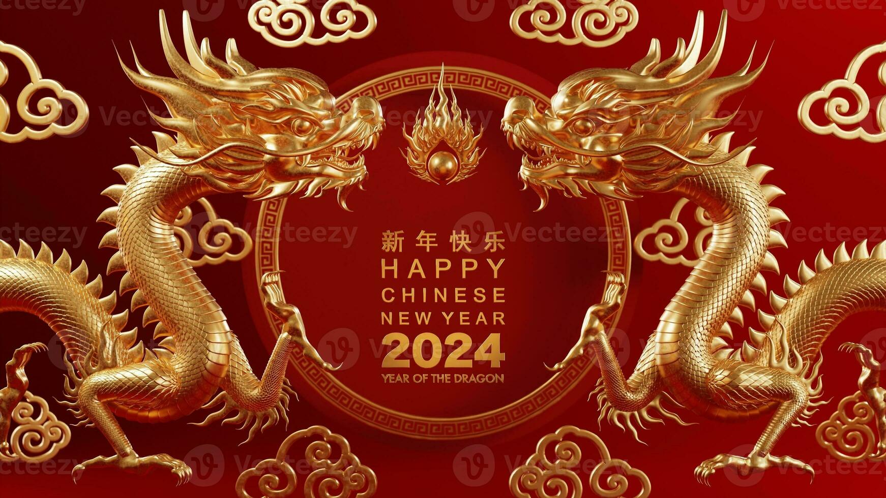 3d rendering illustration for happy chinese new year 2024 the dragon zodiac sign with flower, lantern, asian elements, red and gold on background. photo
