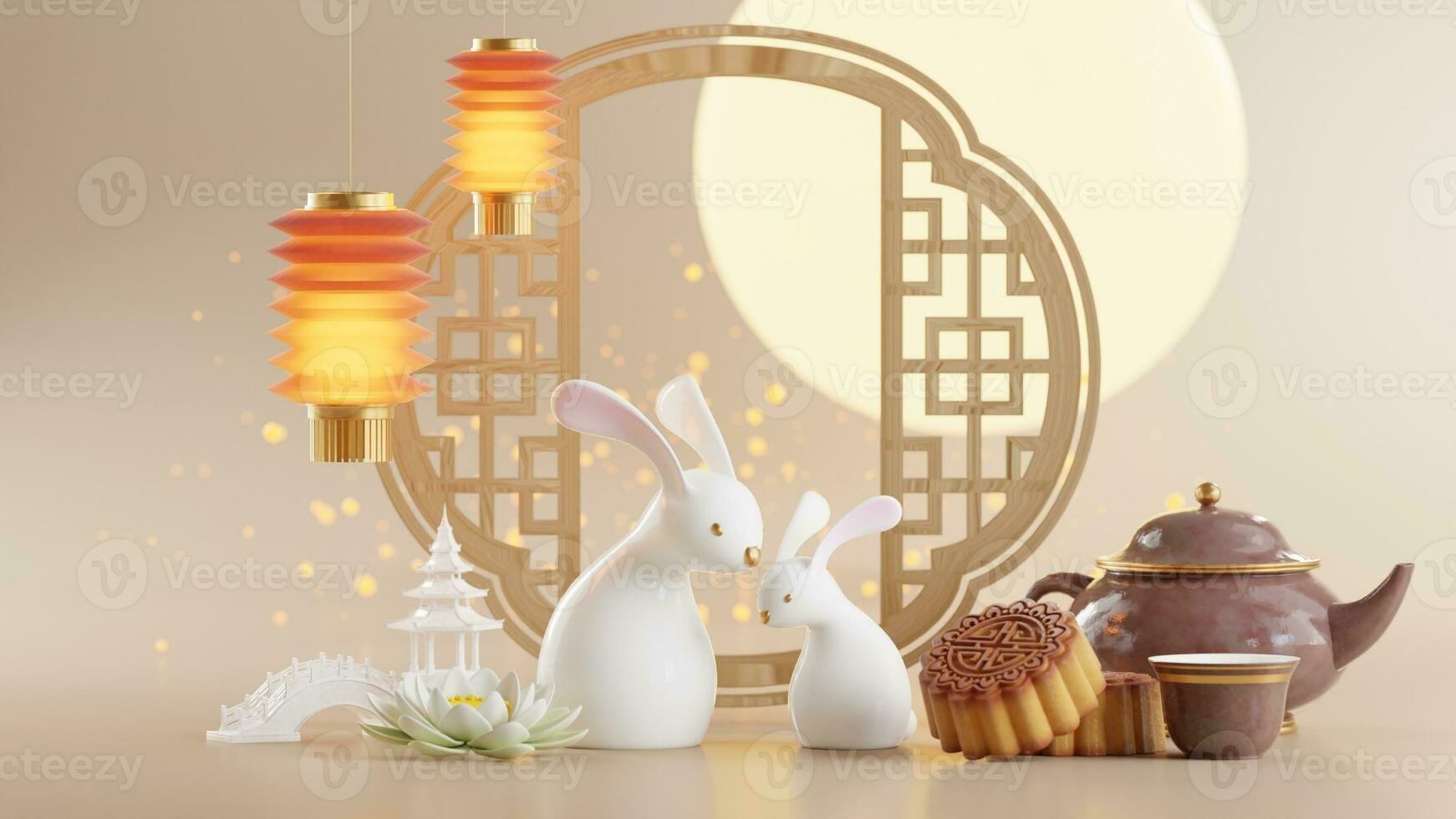 3D rendering for mid autumn festival holiday or chinese new year, chinese festivals with,lanterns, flower, moon, rabbit ,mooncake,tea pot and asian elements on background. photo