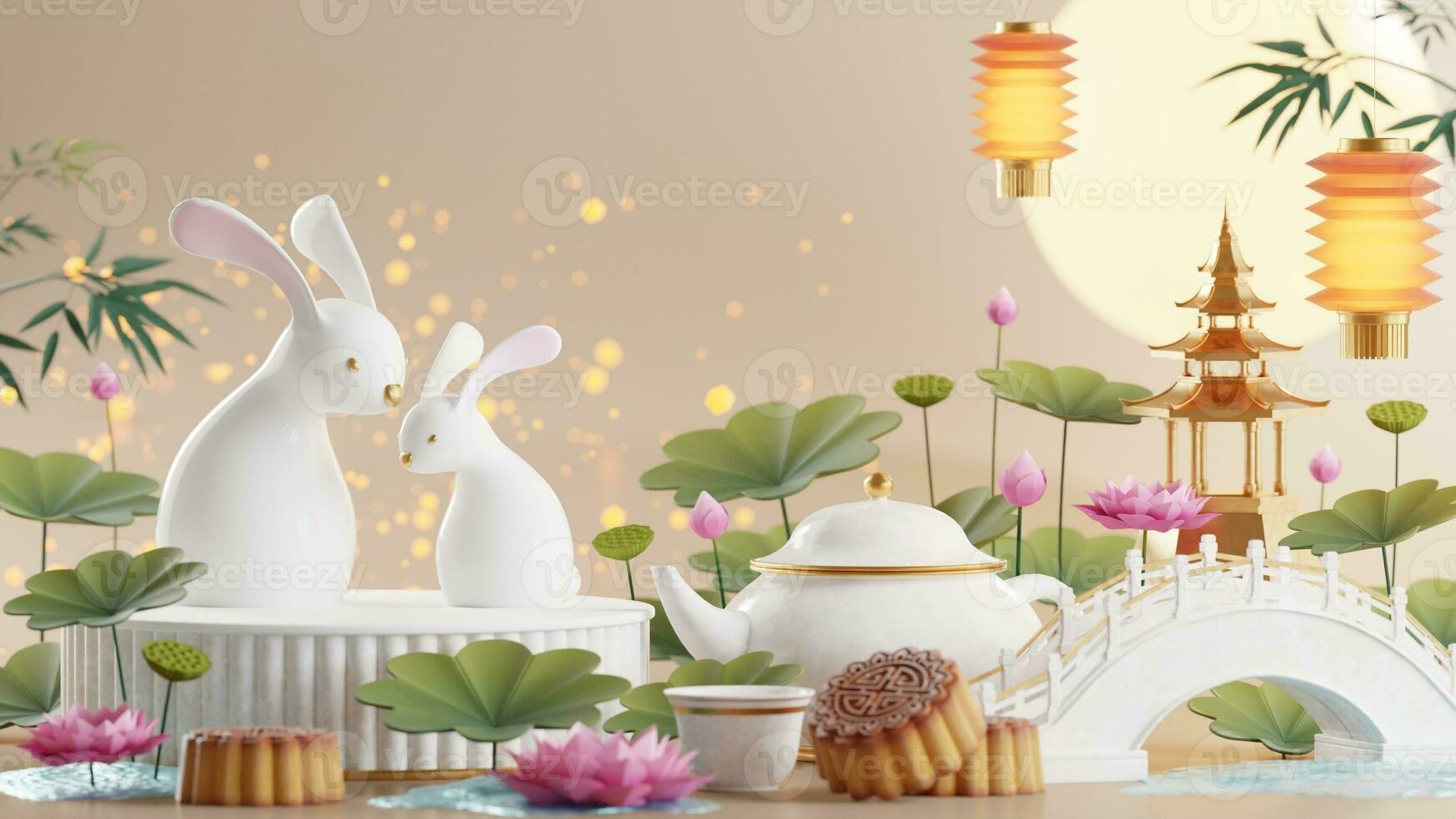 3D rendering for mid autumn festival holiday or chinese new year, chinese festivals with,lanterns, flower, moon, rabbit ,mooncake,tea pot and asian elements on background. photo