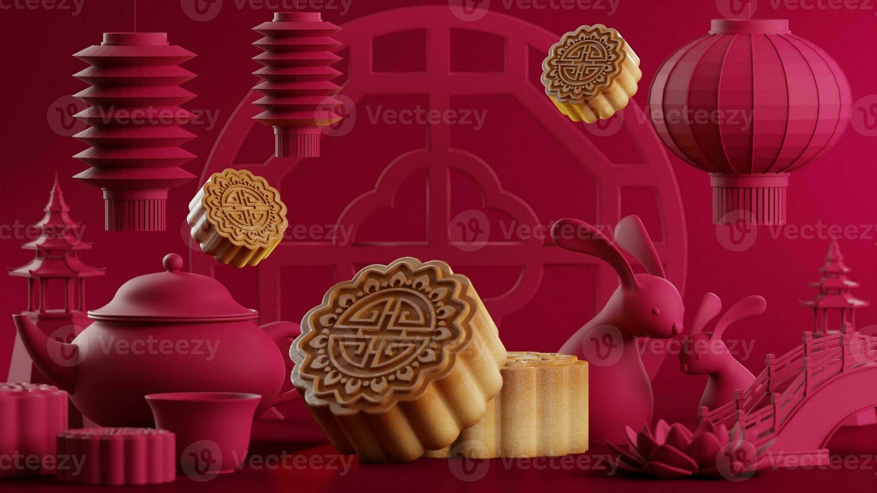 3D rendering for mid autumn festival holiday or chinese new year, chinese festivals with,lanterns, flower, moon, rabbit ,mooncake,tea pot and asian elements on background. photo