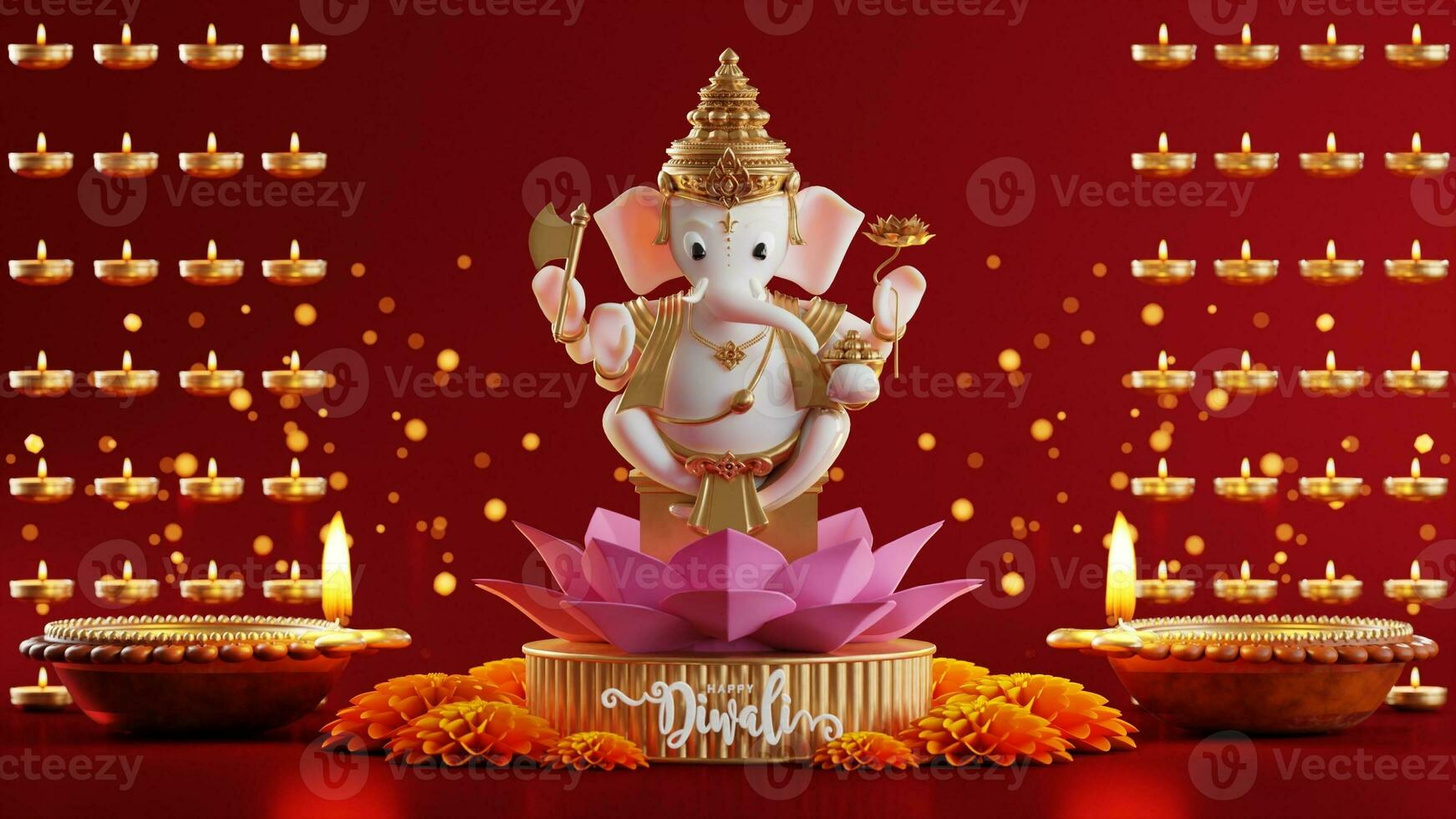 3D rendering for diwali festival Diwali, Deepavali or Dipavali the festival of lights india with gold diya on podium, patterned and crystals on color Background. photo