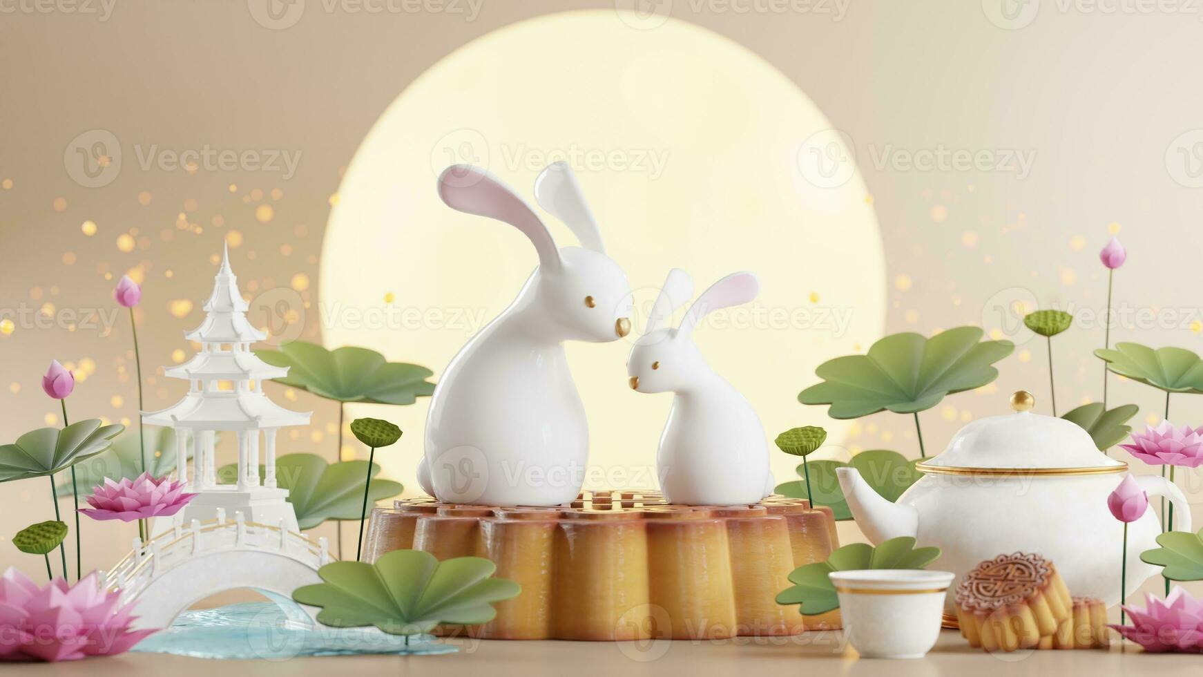 3D rendering for mid autumn festival holiday or chinese new year, chinese festivals with,lanterns, flower, moon, rabbit ,mooncake,tea pot and asian elements on background. photo