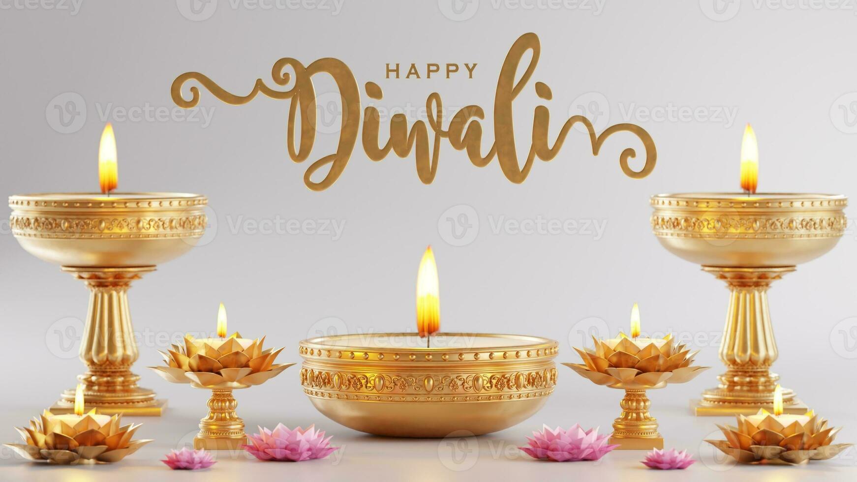 3D rendering for diwali festival Diwali, Deepavali or Dipavali the festival of lights india with gold diya on podium, patterned and crystals on color Background. photo