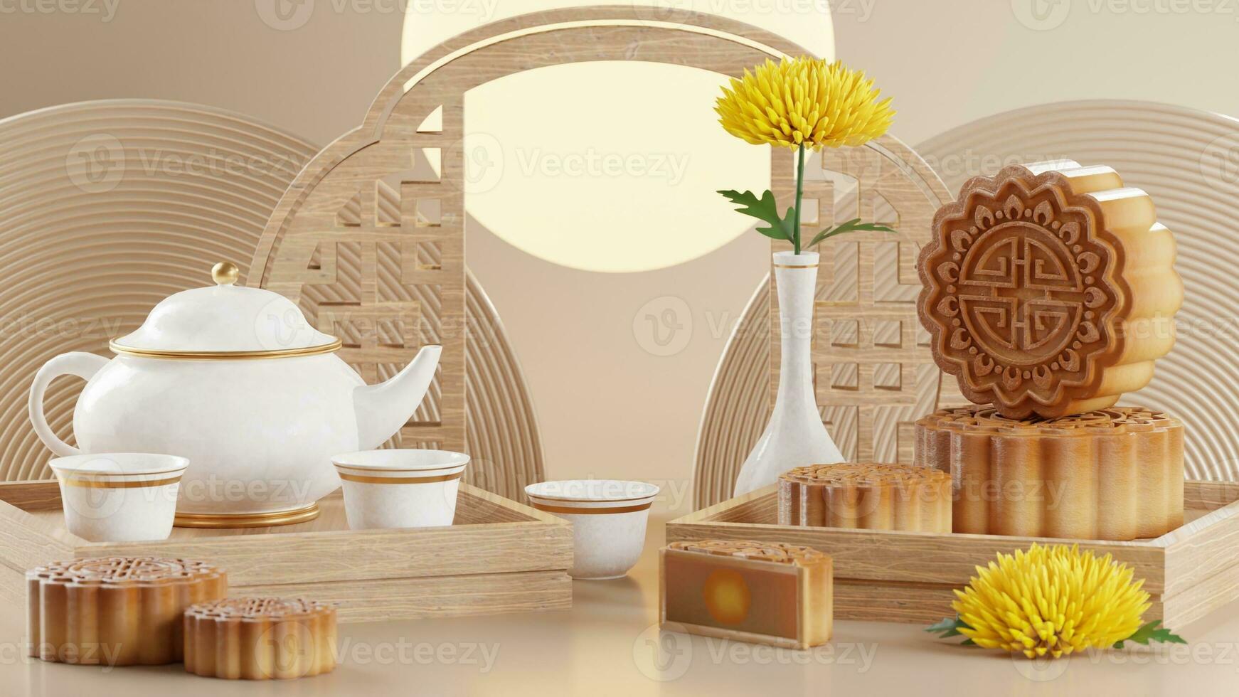 3D rendering for mid autumn festival holiday or chinese new year, chinese festivals with,lanterns, flower, moon, rabbit ,mooncake,tea pot and asian elements on background. photo